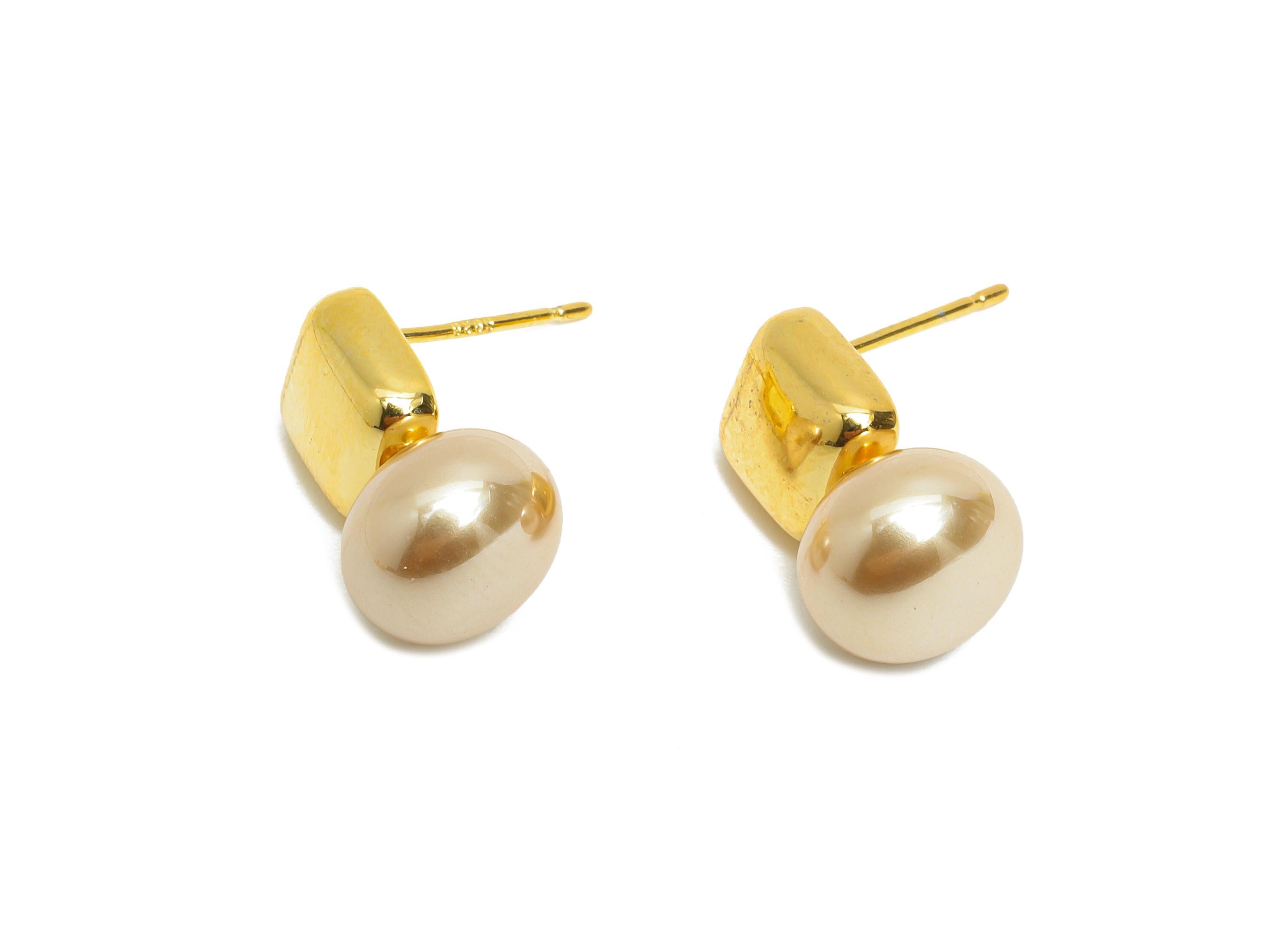 Minimalist Peals Earrings - Brass Square Imitation Pearl Earrings Stud - Romantic Jewelry - 18K Real Gold Plated - 16x9.79x0.74mm - RGP9588 - DOMEDBAZAAR