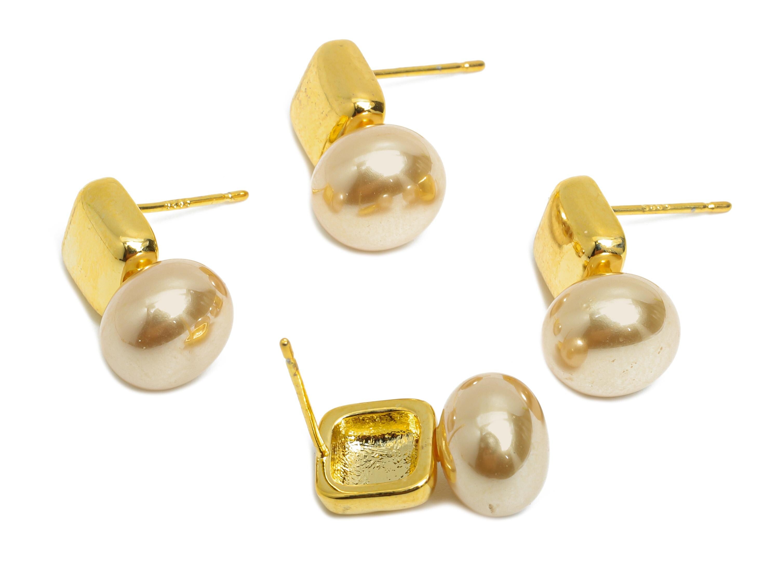 Minimalist Peals Earrings - Brass Square Imitation Pearl Earrings Stud - Romantic Jewelry - 18K Real Gold Plated - 16x9.79x0.74mm - RGP9588 - DOMEDBAZAAR