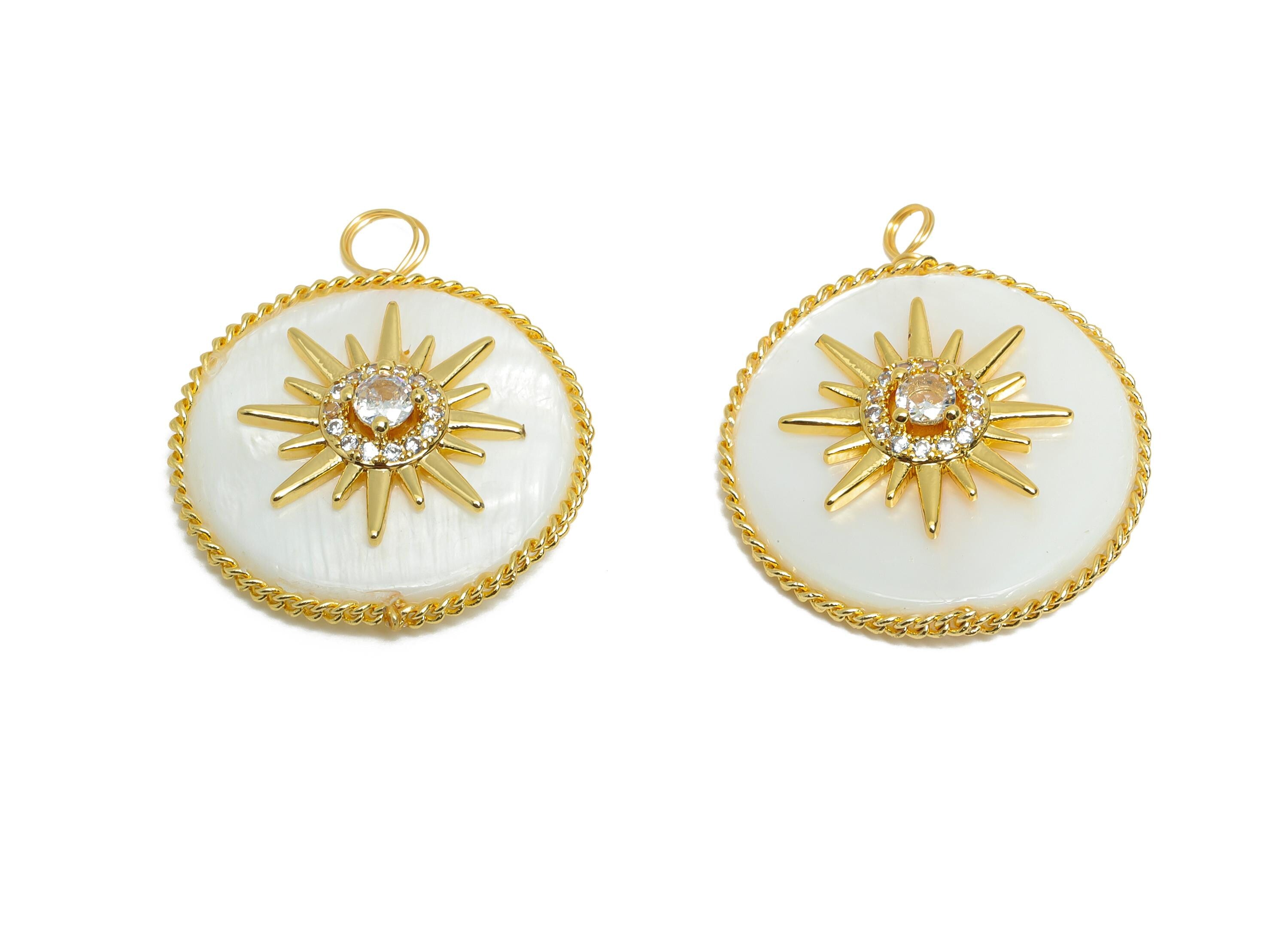 Brass Round Earring Charms - Gold CZ Star Seashell Pendant - Textured Elegant Necklace Charm - 18K Gold Plated - 25.85x21.37x6.12mm -RGP9629 - DOMEDBAZAAR