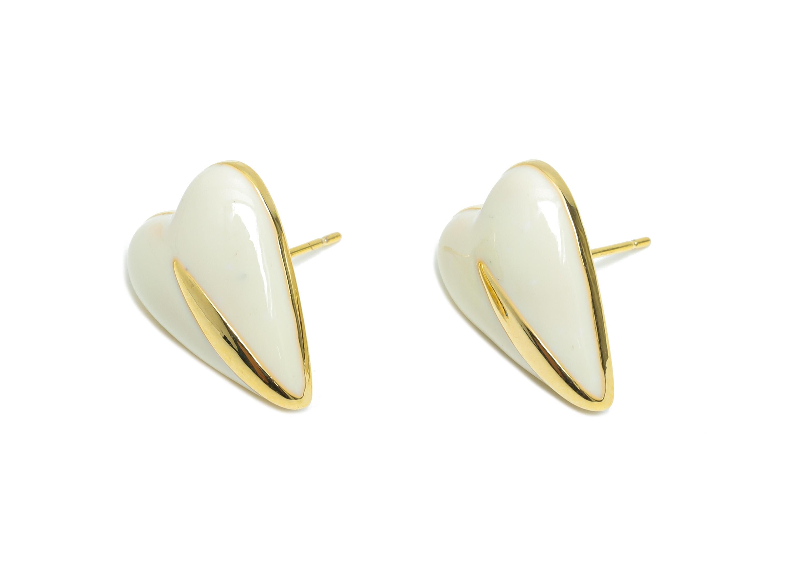 Brass Enamel Heart Stud - White Enamel Chic Colorful Earring Stud - Refined Jewelry - 18K Real Gold Plating - 17.6x13.59x0.7mm - RGP9605A - DOMEDBAZAAR