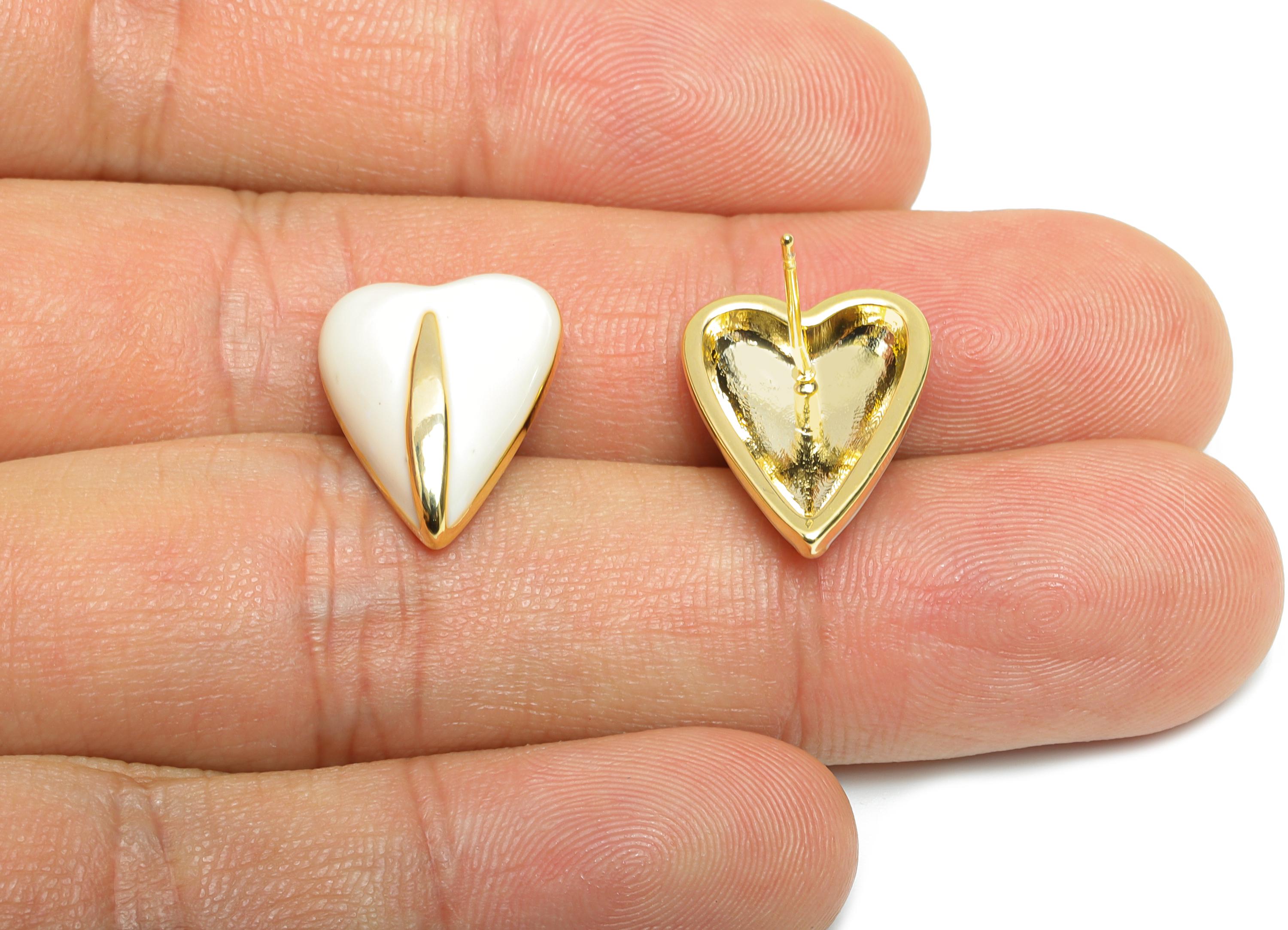 Brass Enamel Heart Stud - White Enamel Chic Colorful Earring Stud - Refined Jewelry - 18K Real Gold Plating - 17.6x13.59x0.7mm - RGP9605A - DOMEDBAZAAR