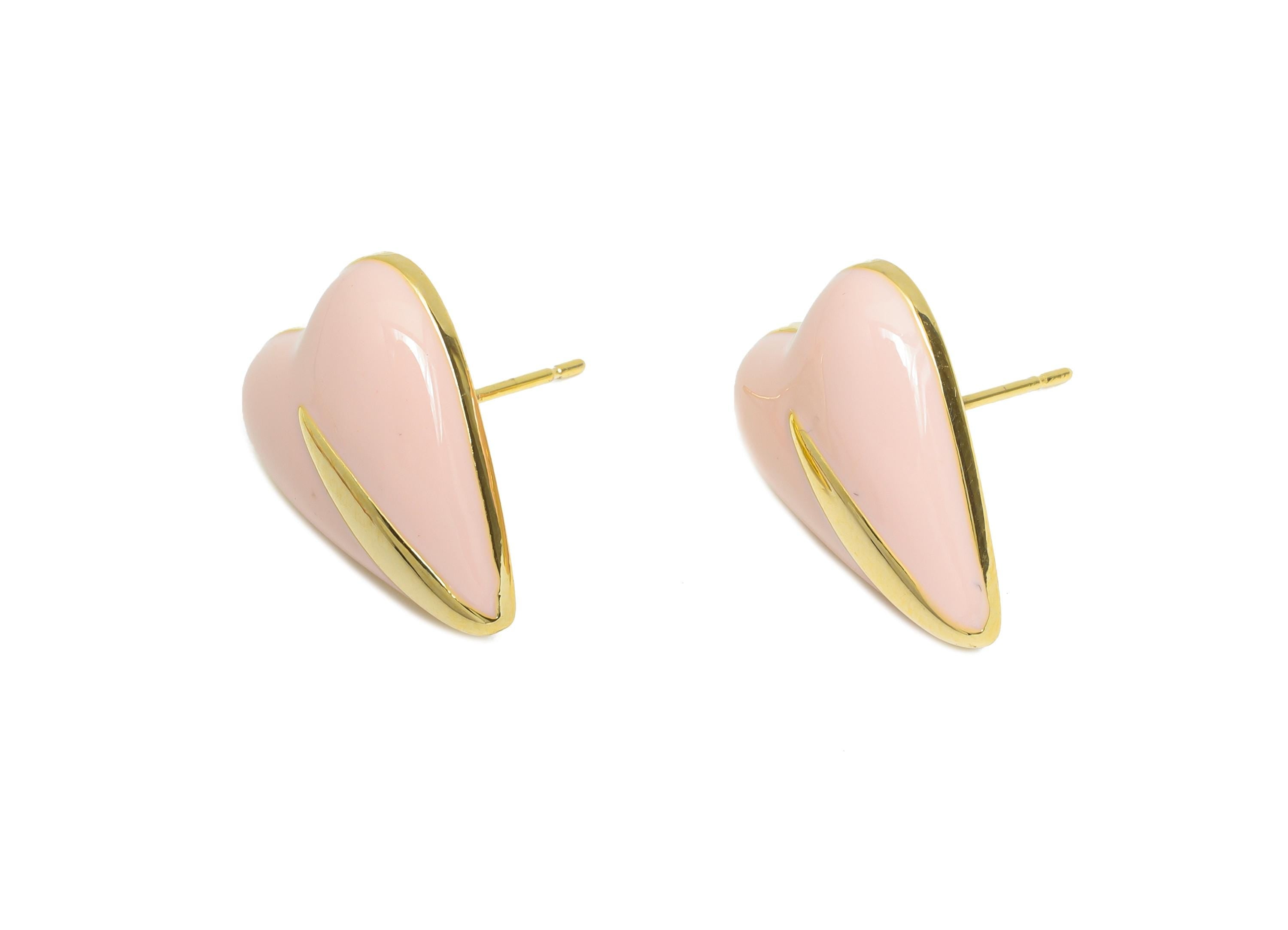 Brass Enamel Heart Post - Pink Enamel Chic Colorful Earring Stud - Refined Jewelry - 18K Real Gold Plated Brass - 17.6x13.59x0.7mm -RGP9605B - DOMEDBAZAAR