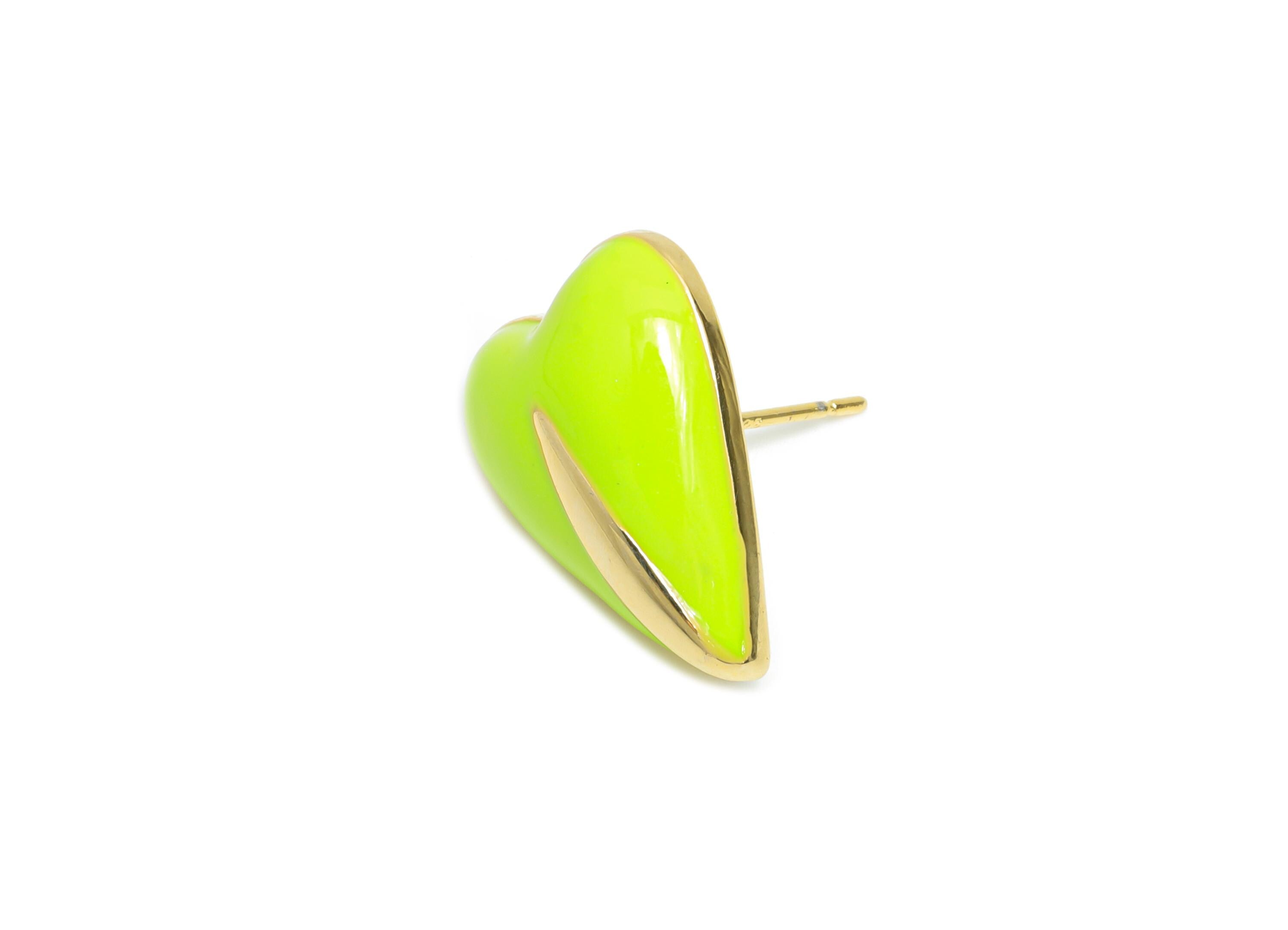 Brass Enamel Heart Posts - Green Enamel Chic Colorful Earring Stud - Refined Jewelry - 18K Real Gold Plating - 17.6x13.59x0.7mm - RGP9605C - DOMEDBAZAAR