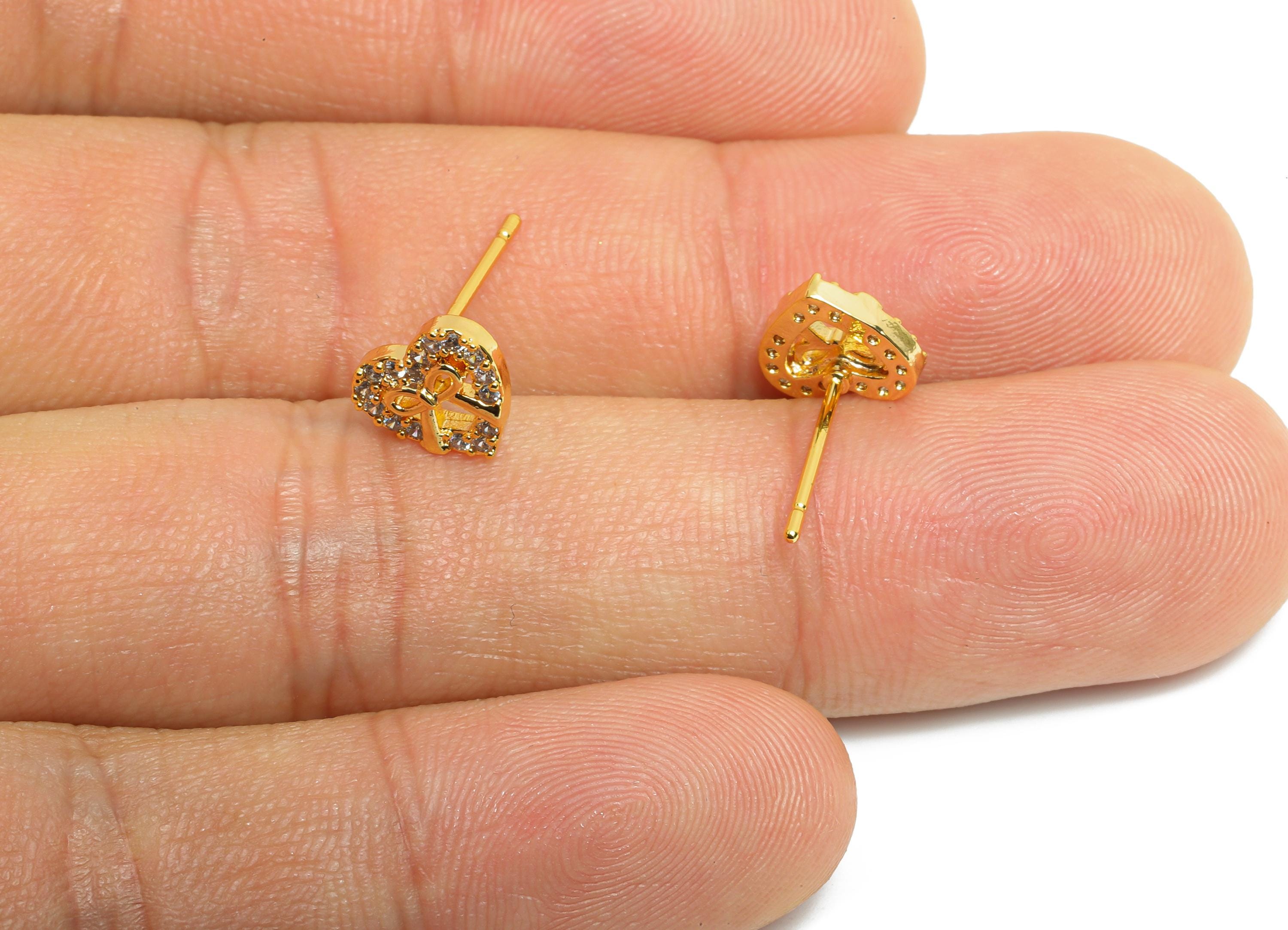 Brass CZ Heart Earring Post - Brass Sparking Tiny Heart Earring Stud - Crystal Cute Bow Earring - 18K Real Gold Plating - 8x7x2mm - RGP9665 - DOMEDBAZAAR