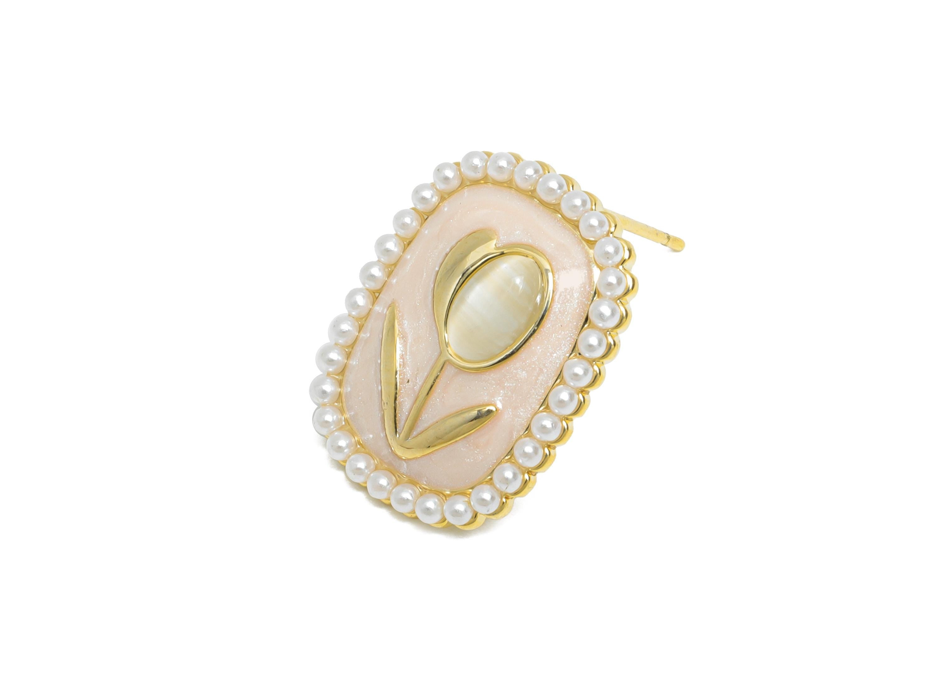 Brass Enamel Earring Stud - Pink Opal Stone Tulip Earring - Rectangle Imitation Pearl Earring - 18K Gold Plated -18.69x14.52x0.71mm-RGP9582A - DOMEDBAZAAR
