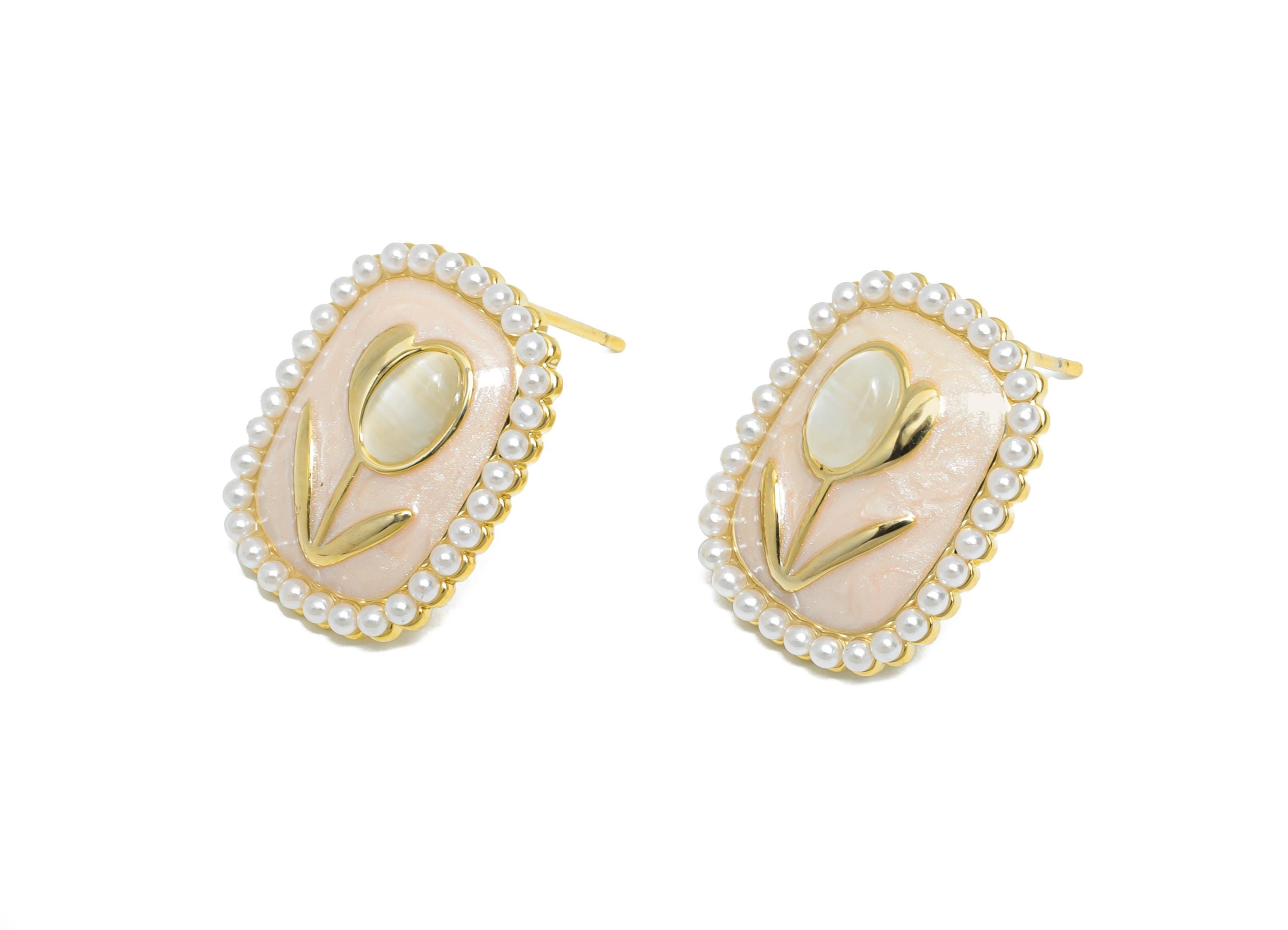 Brass Enamel Earring Stud - Pink Opal Stone Tulip Earring - Rectangle Imitation Pearl Earring - 18K Gold Plated -18.69x14.52x0.71mm-RGP9582A - DOMEDBAZAAR