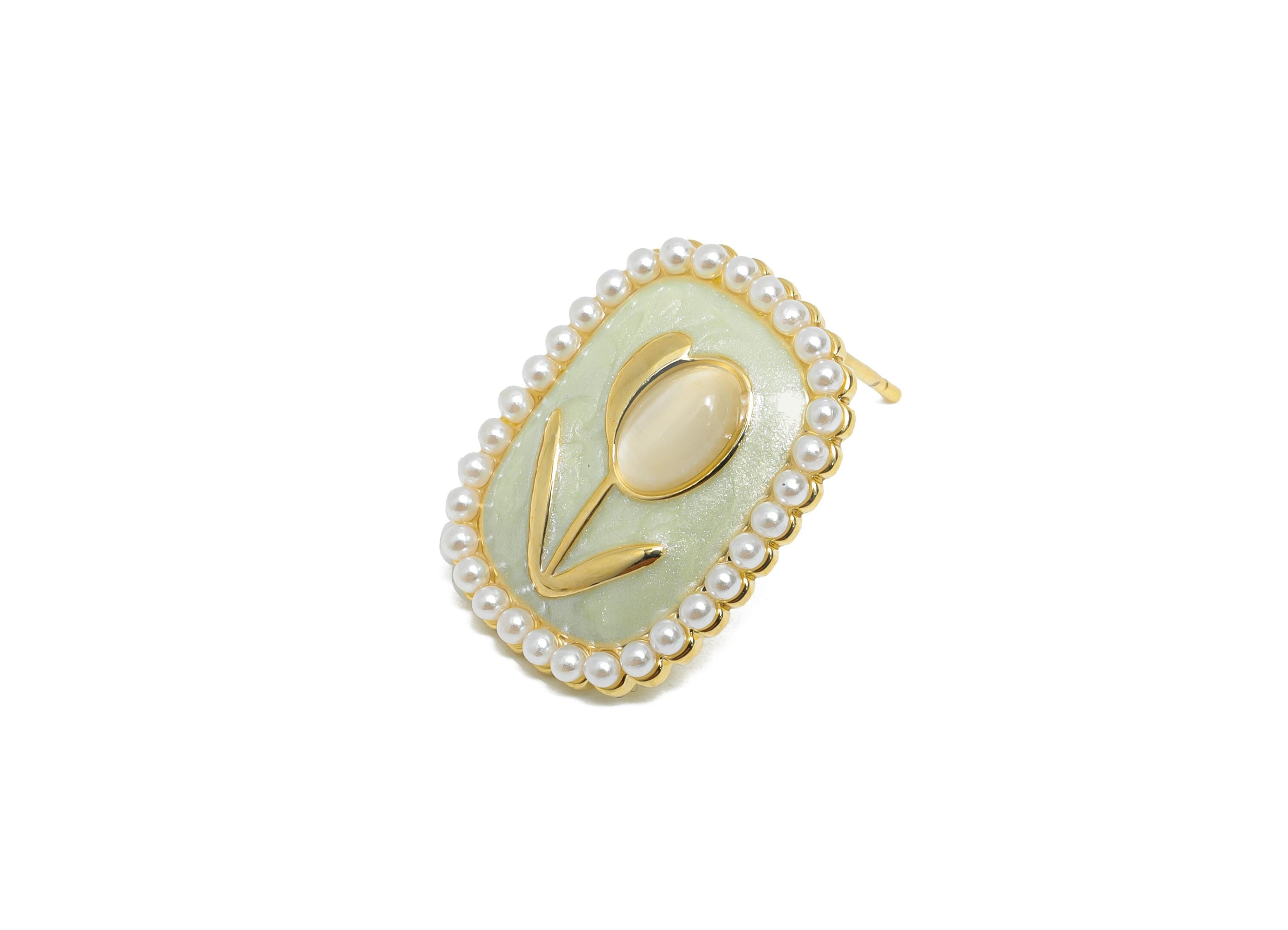 Brass Enamel Earring Stud - Green Opal Stone Tulip Earring - Rectangle Imitation Pearl Earring -18K Gold Plated -18.69x14.52x0.71mm-RGP9582B - DOMEDBAZAAR
