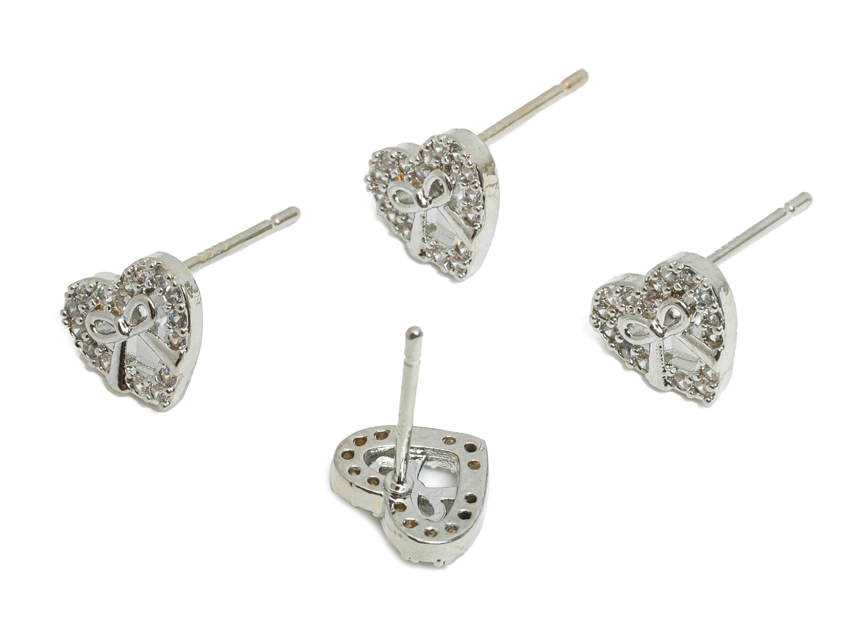 Brass Heart Earring Post - Brass Sparking Tiny Heart Earring Stud - Crystal Cute Bow Earring - 18K Real White Gold Plated - 8x7x2mm-RGP9665S - DOMEDBAZAAR