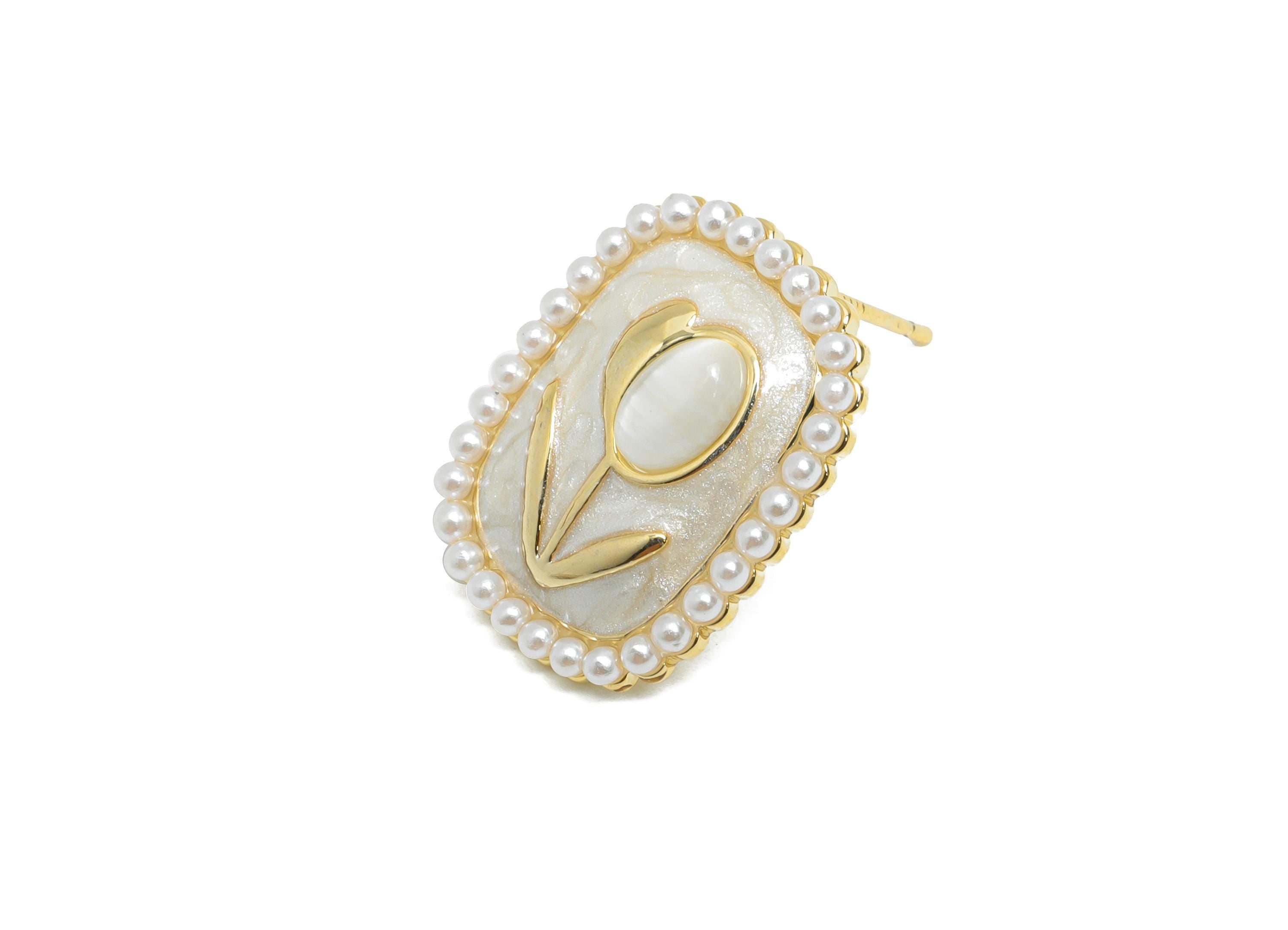 Brass Enamel Earring Stud - White Opal Stone Tulip Earring - Rectangle Imitation Pearl Earring -18K Gold Plated -18.69x14.52x0.71mm-RGP9582C - DOMEDBAZAAR