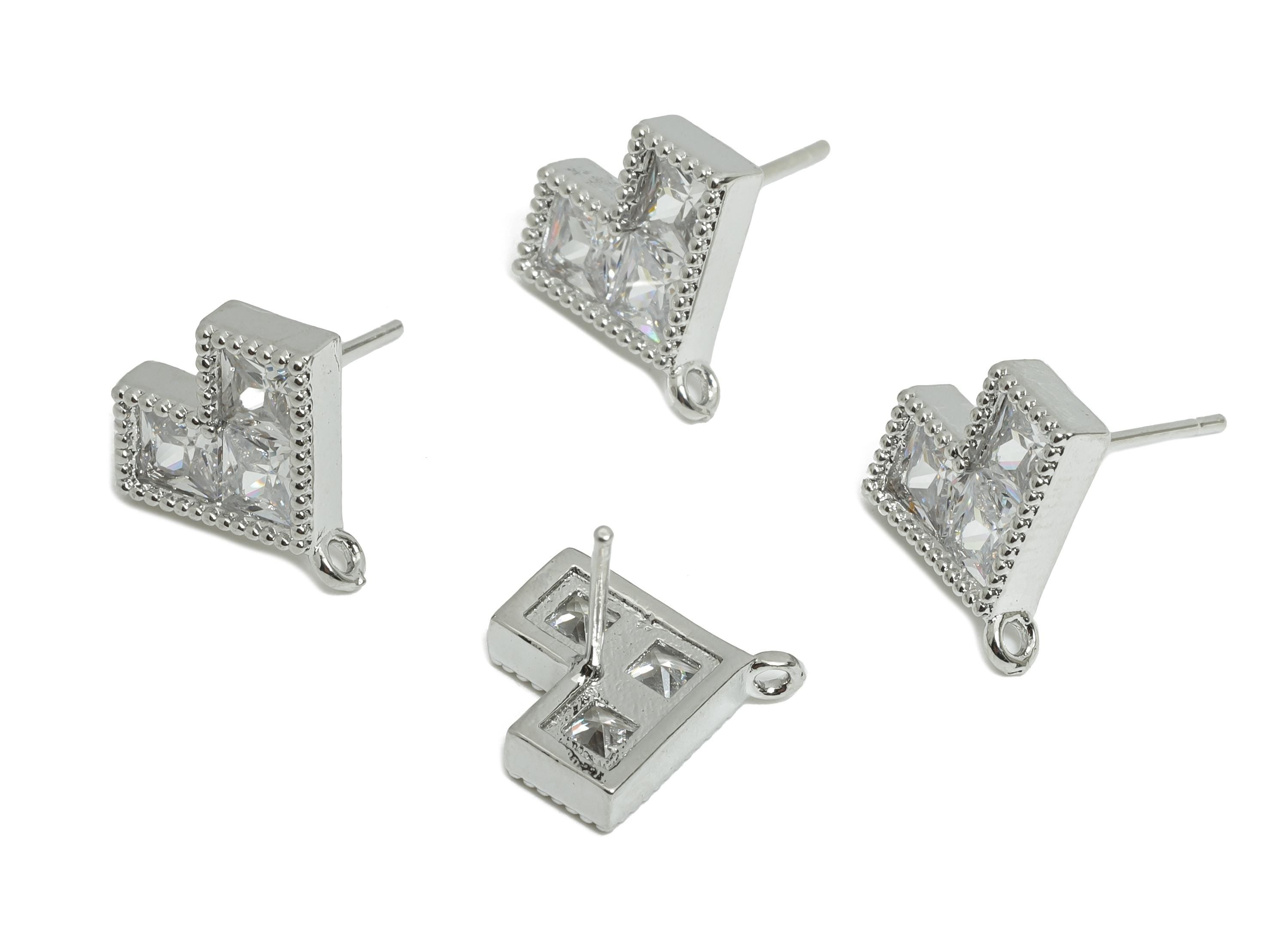 Brass CZ Heart Stud - Brass Geometric Heart Earring Stud - Bold Earring Stud With Loop - 18K Real White Gold Plated - 13x13x3mm -RGP9648S - DOMEDBAZAAR