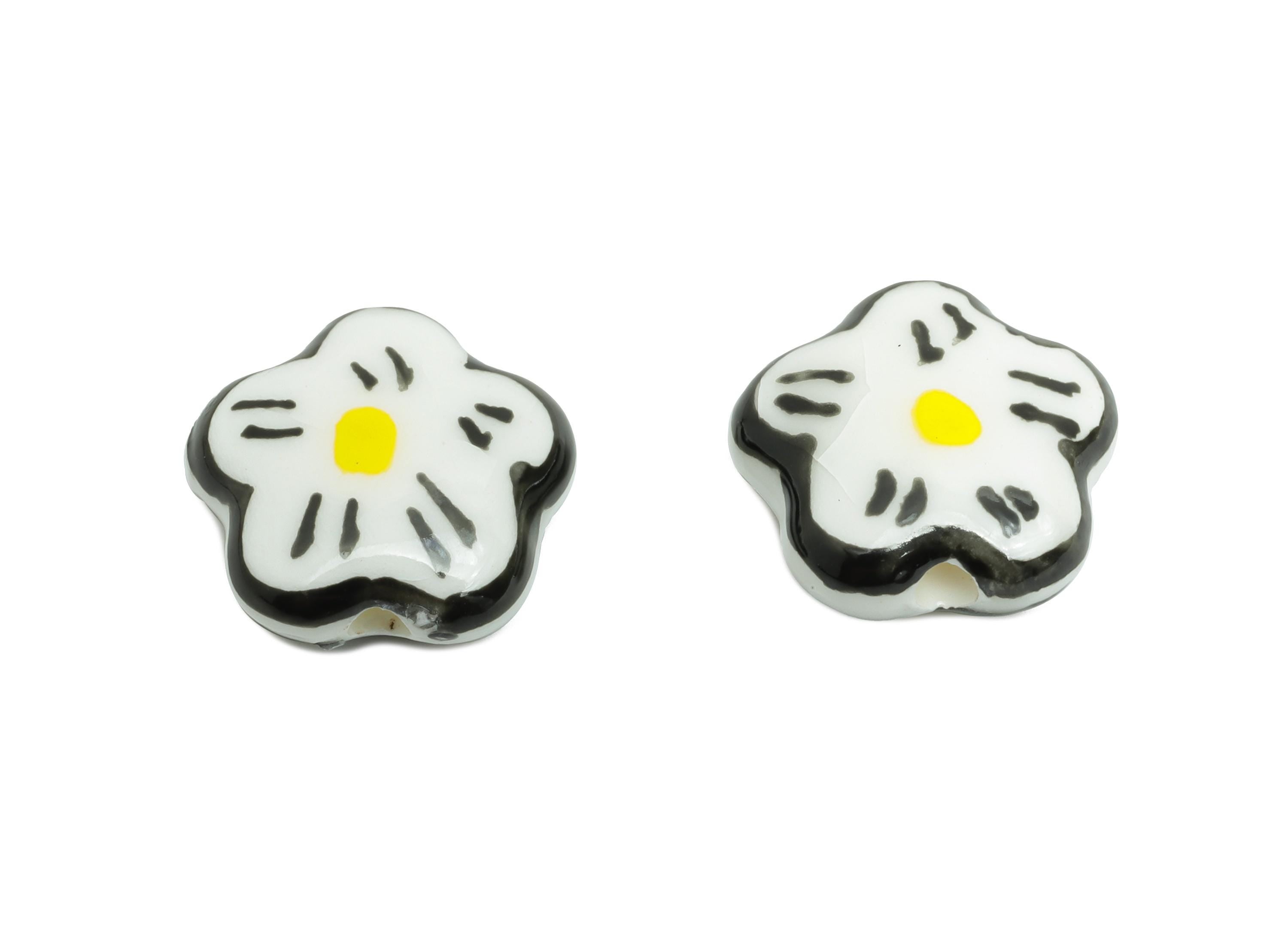 Glazed Ceramic Daisy Beads - Black Flower Jewelry Component - Handmade Beads Connector - Jewelry Making Beads - 14.7x14.73x6.44mm - NS2854B - DOMEDBAZAAR