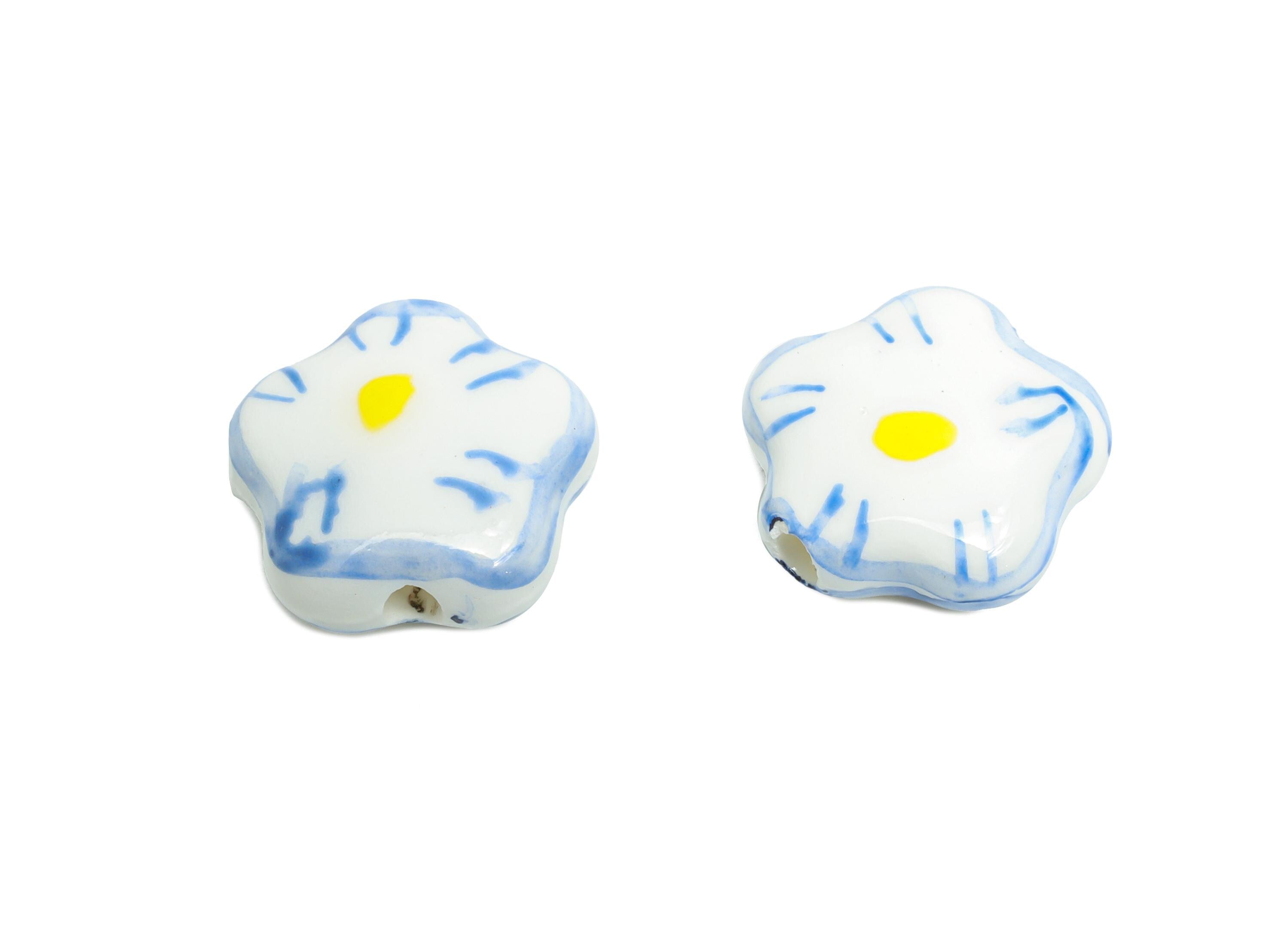 Glazed Ceramic Daisy Beads - Blue Flower Jewelry Component - Handmade Beads Connectors - Jewelry Making Beads - 14.98x15x6.42mm - NS2854C - DOMEDBAZAAR