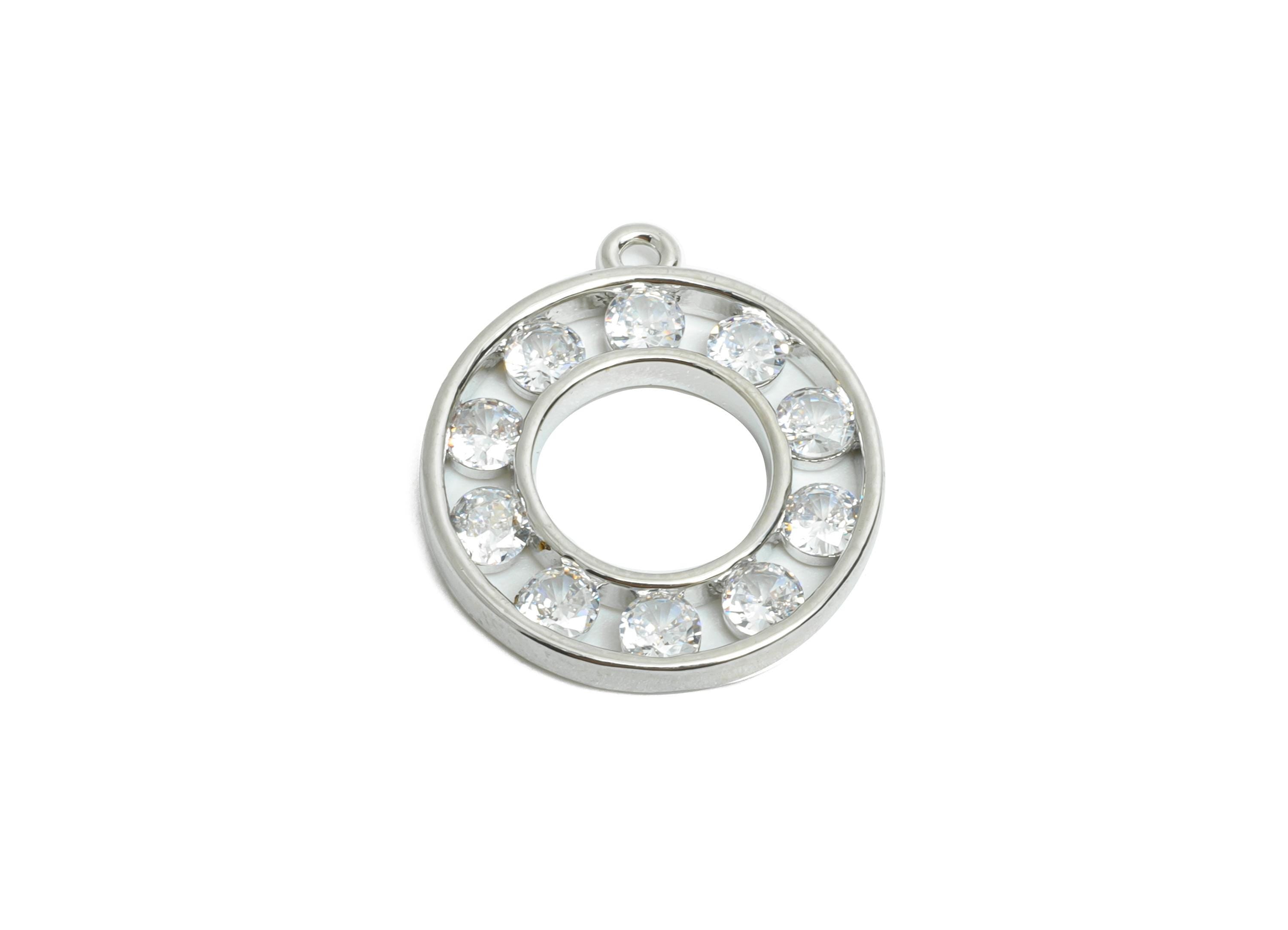 Brass Circle Earring Charm - Brass Sparkling Zircon Pendant - Crystal Geometry CZ Charm - 18K Real White Gold Plated - 19x17x2mm - RGP9673S - DOMEDBAZAAR