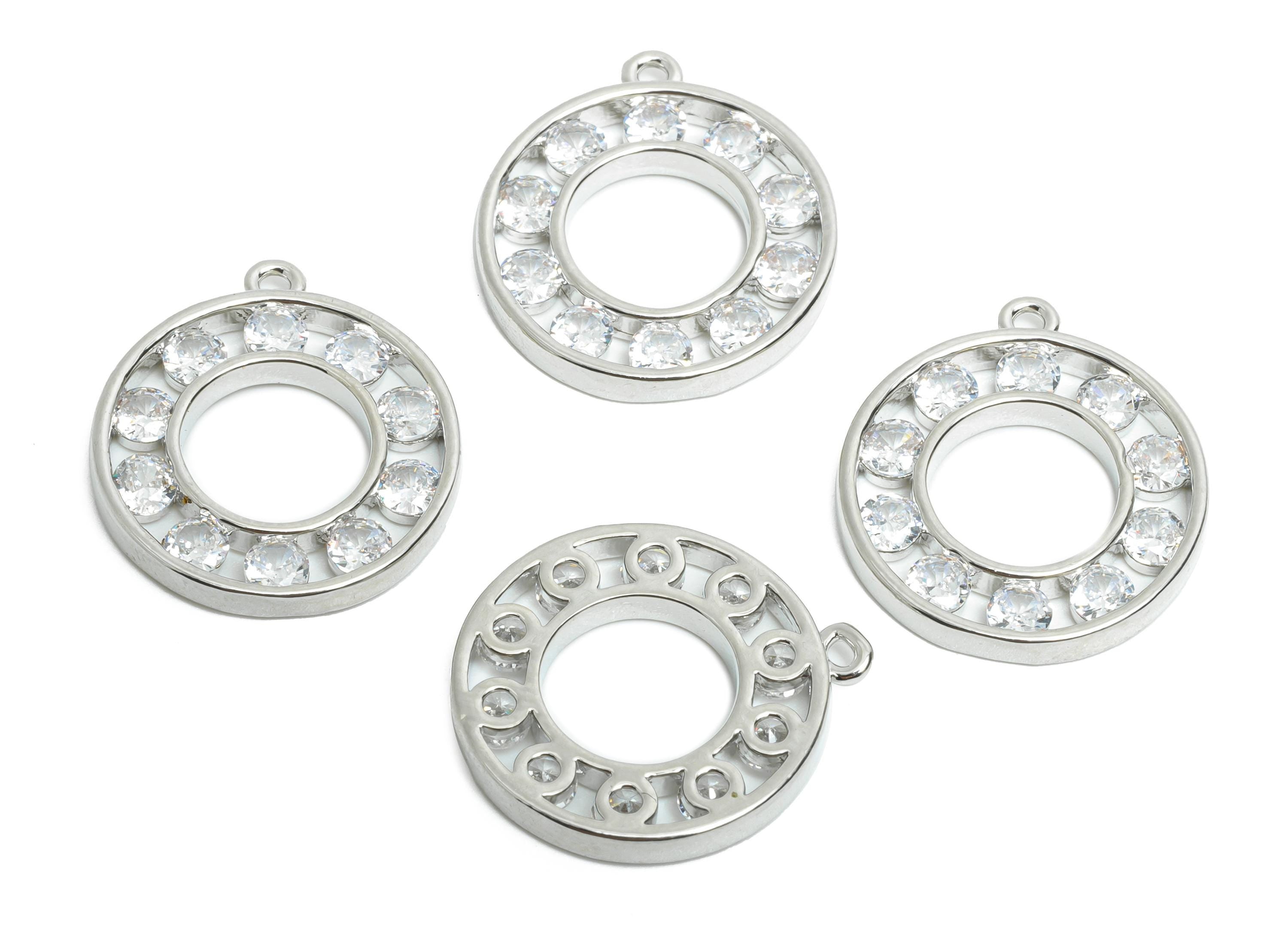 Brass Circle Earring Charm - Brass Sparkling Zircon Pendant - Crystal Geometry CZ Charm - 18K Real White Gold Plated - 19x17x2mm - RGP9673S - DOMEDBAZAAR