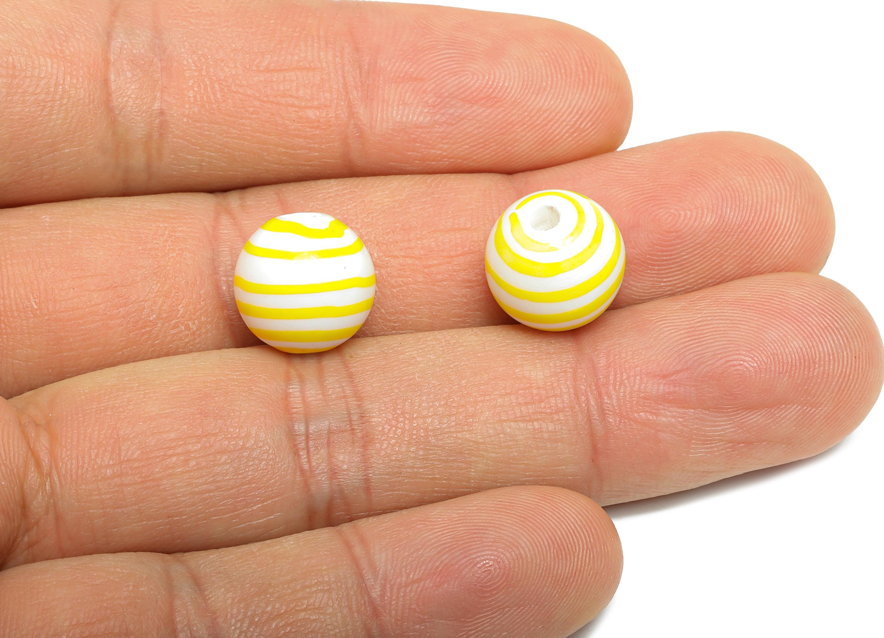 Yellow Striped Ceramic Beads - Colorful Handmade Bead - Fun Beads for Creative Jewelry Projects - Bright Summer Bead -  11x12x12mm - NS2858B - DOMEDBAZAAR