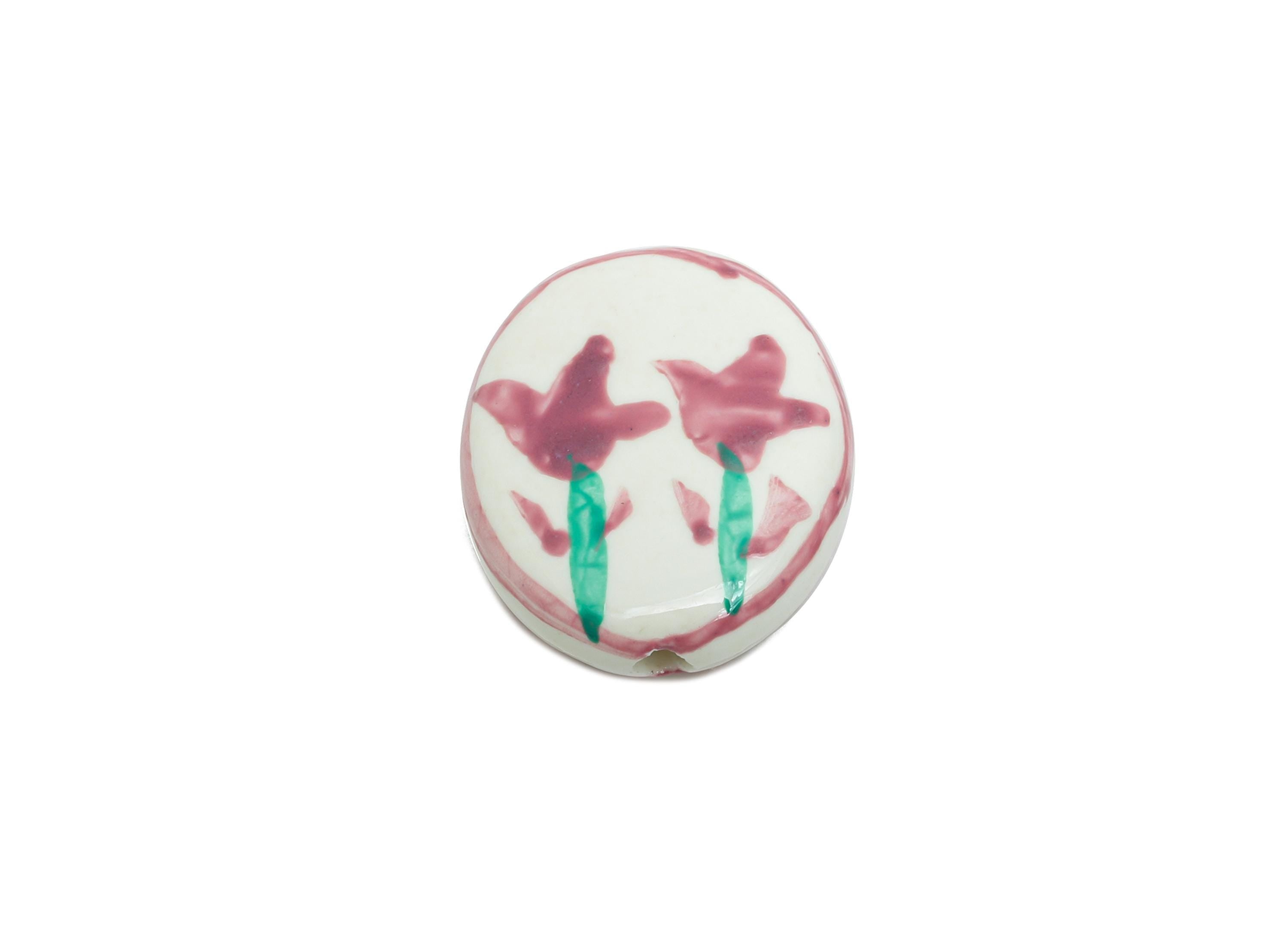 Glazed Ceramic Oval Tulip Bead - Purple Flower Nature Ceramic Beads - Handmade Beads Connectors - Jewelry DIY Bead - 20x16.55x5mm - NS2848B - DOMEDBAZAAR