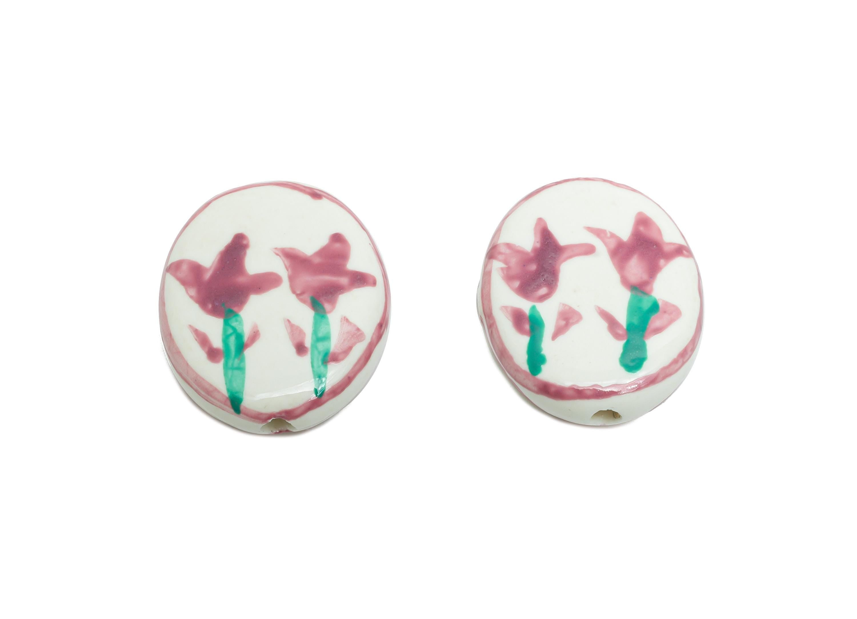 Glazed Ceramic Oval Tulip Bead - Purple Flower Nature Ceramic Beads - Handmade Beads Connectors - Jewelry DIY Bead - 20x16.55x5mm - NS2848B - DOMEDBAZAAR