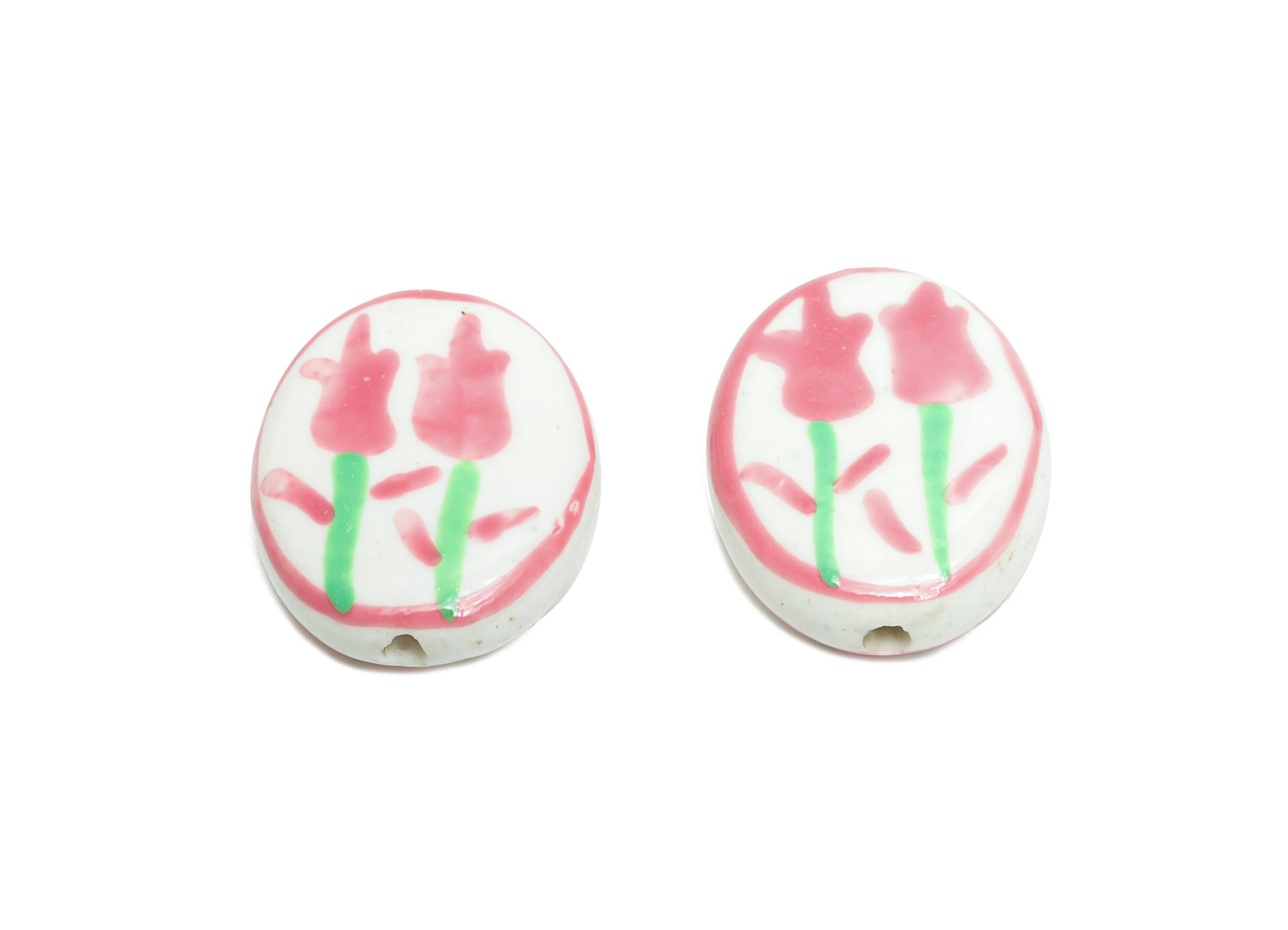 Glazed Ceramic Oval Tulip Bead - Pink Flower Nature Ceramic Beads - Handmade Beads Connectors - Jewelry DIY Bead - 19.52x16.05x5mm - NS2848C - DOMEDBAZAAR