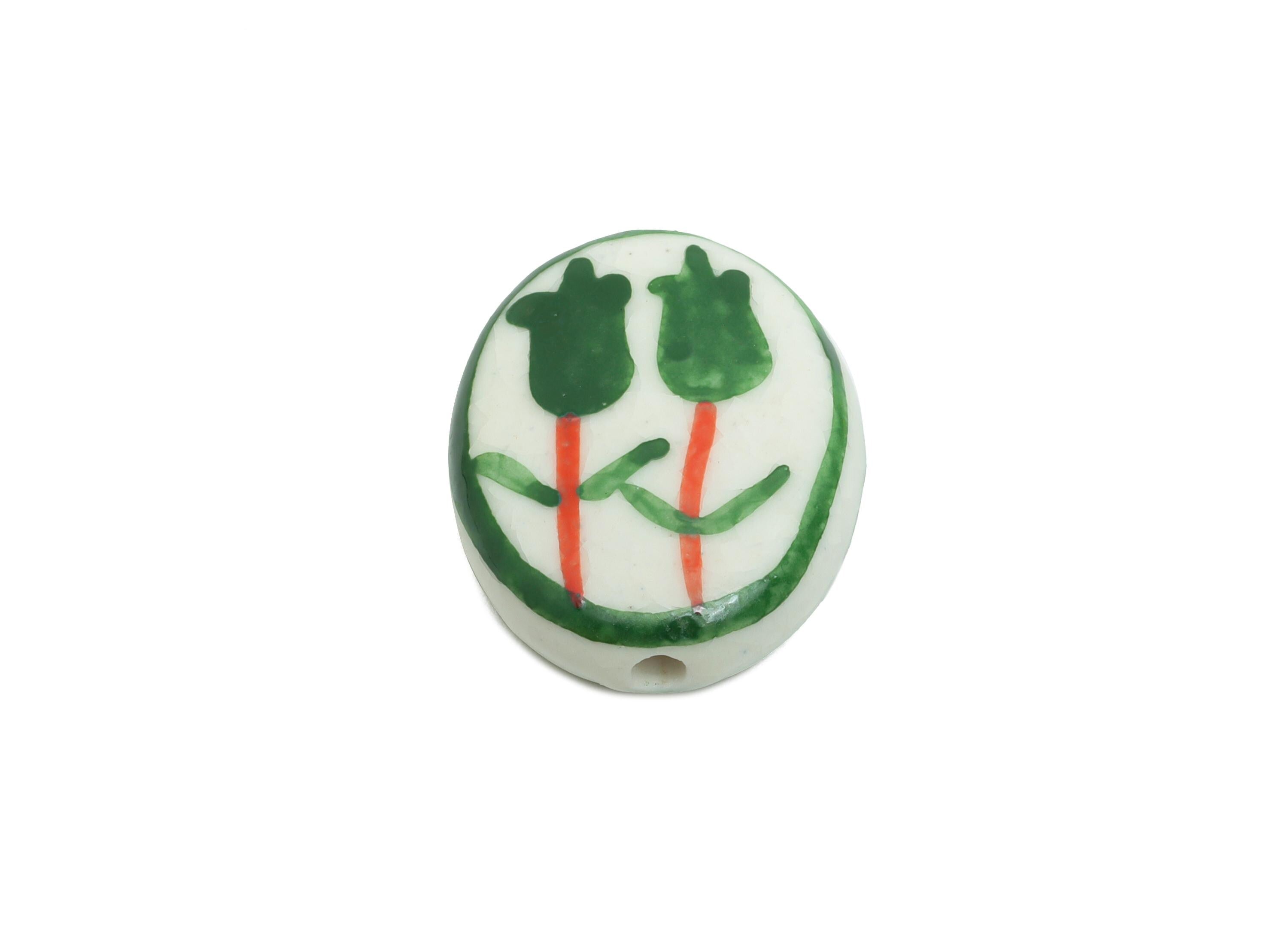 Glazed Ceramic Oval Tulip Bead - Green Flower Nature Ceramic Beads - Handmade Beads Connectors - Jewelry DIY Bead - 19.75x15.94x5mm -NS2848D - DOMEDBAZAAR