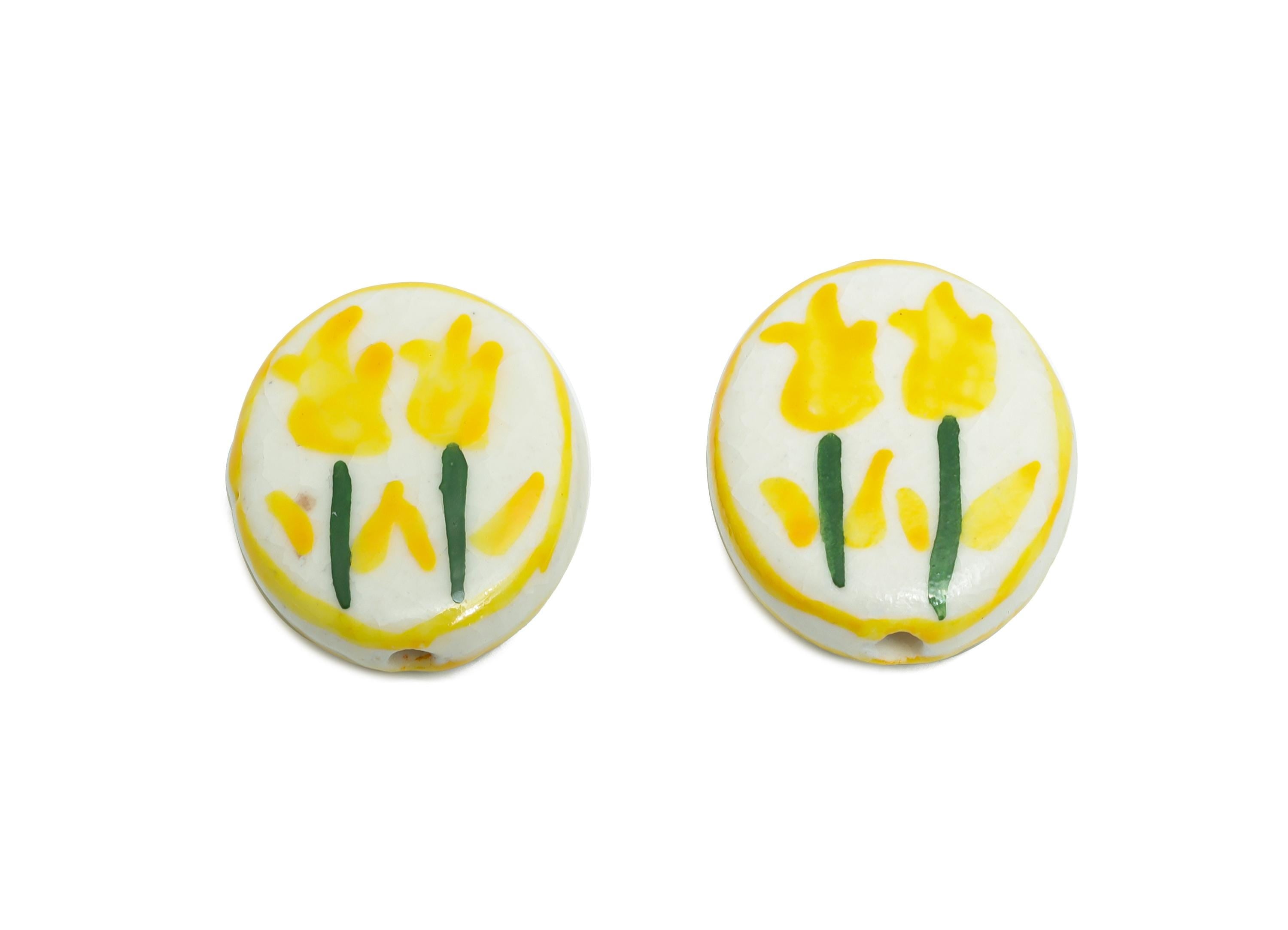 Glazed Ceramic Oval Tulip Bead - Yellow Flower Nature Ceramic Beads - Handmade Beads Connector - Jewelry DIY Bead - 19.48x16.1x5mm -NS2848E - DOMEDBAZAAR