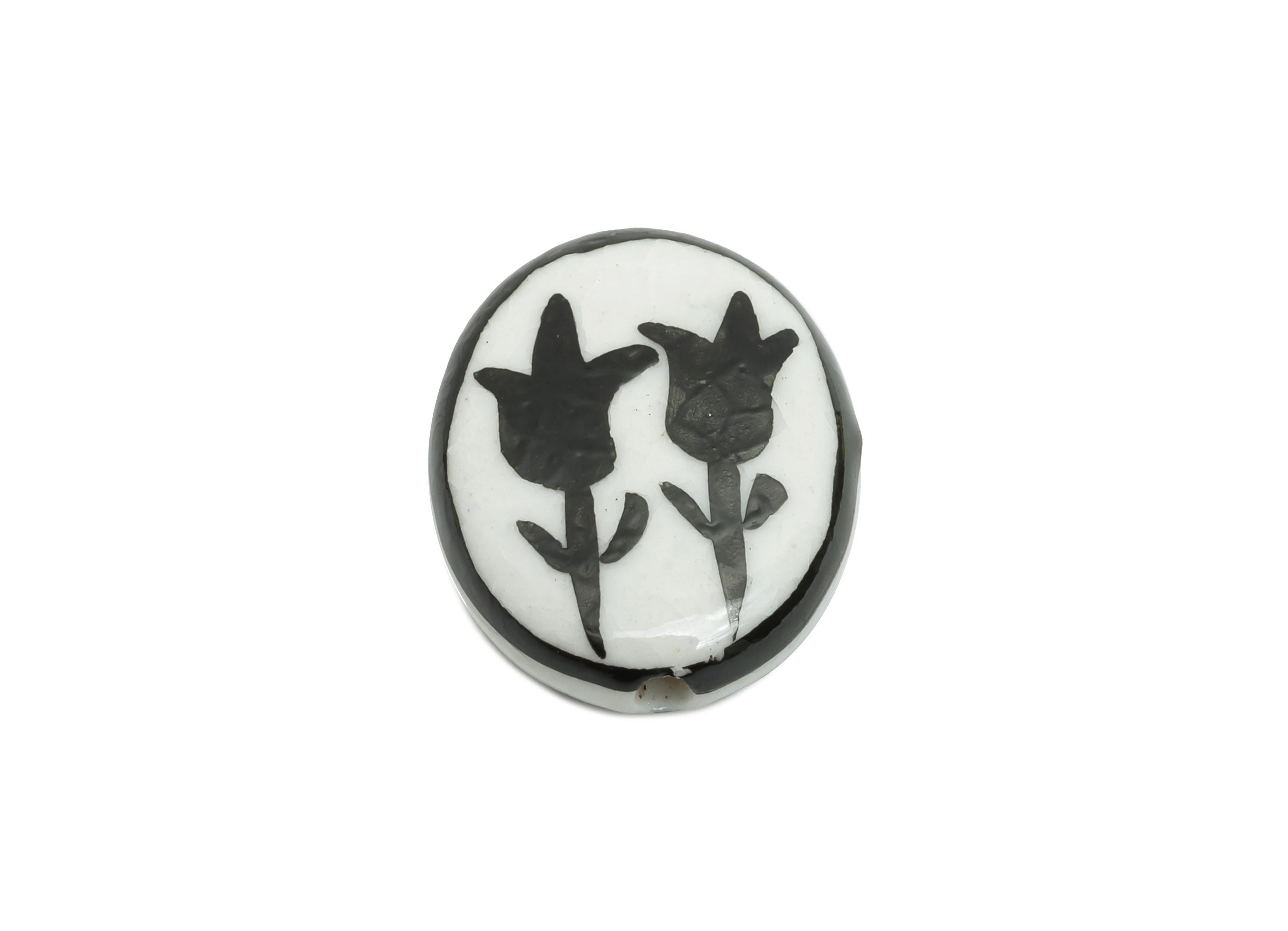 Glazed Ceramic Oval Tulip Bead - Black Flower Nature Ceramic Beads - Handmade Beads Connector - Jewelry DIY Bead - 19.67x16x5.36mm -NS2848F - DOMEDBAZAAR