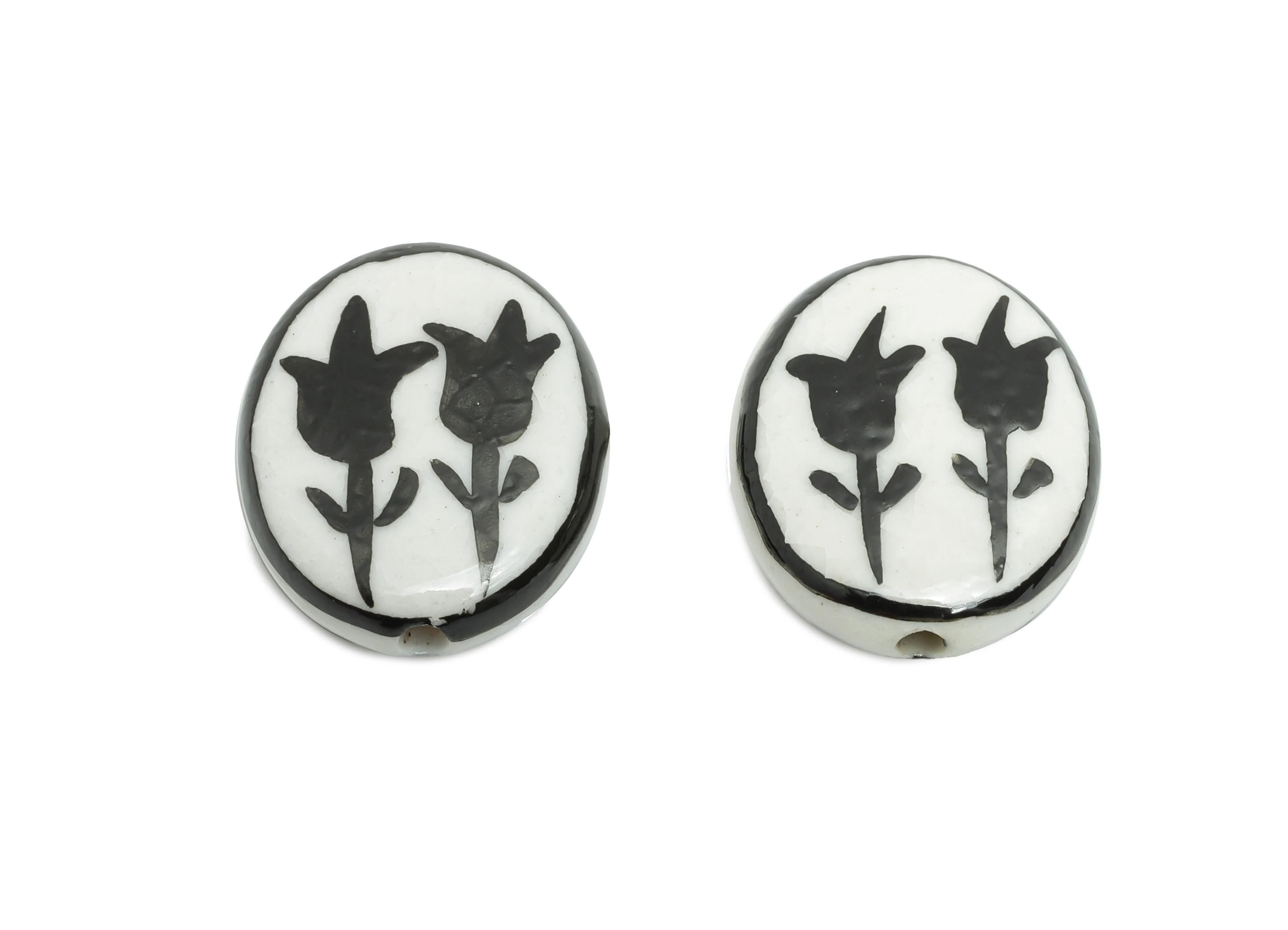 Glazed Ceramic Oval Tulip Bead - Black Flower Nature Ceramic Beads - Handmade Beads Connector - Jewelry DIY Bead - 19.67x16x5.36mm -NS2848F - DOMEDBAZAAR