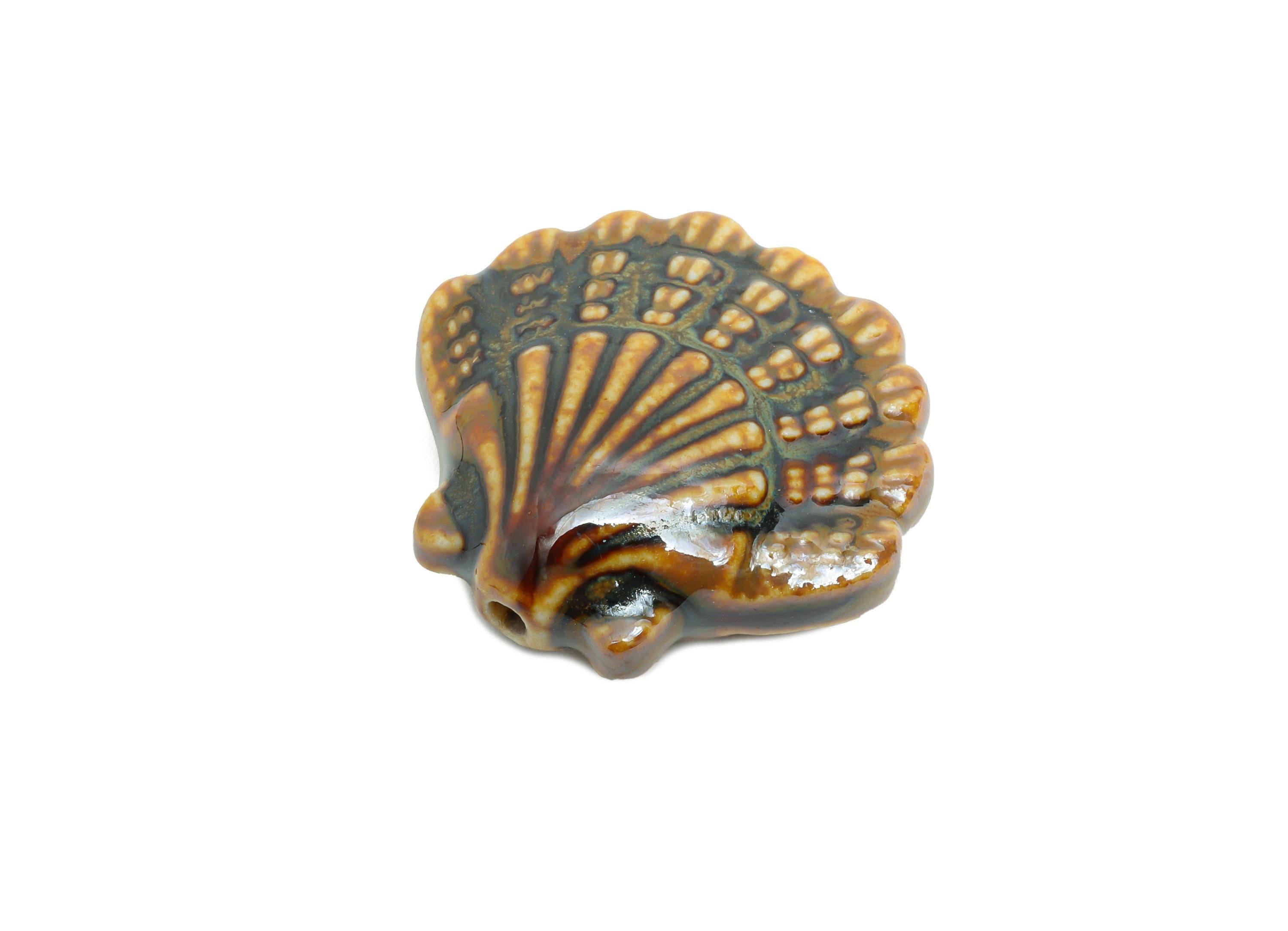 Ceramic Seashell Bead - Textured Handmade Bead - Bohemian Beach-Themed Jewelry - Handmade Bead for Jewelry Making - 25x27x10mm - NS2859B - DOMEDBAZAAR
