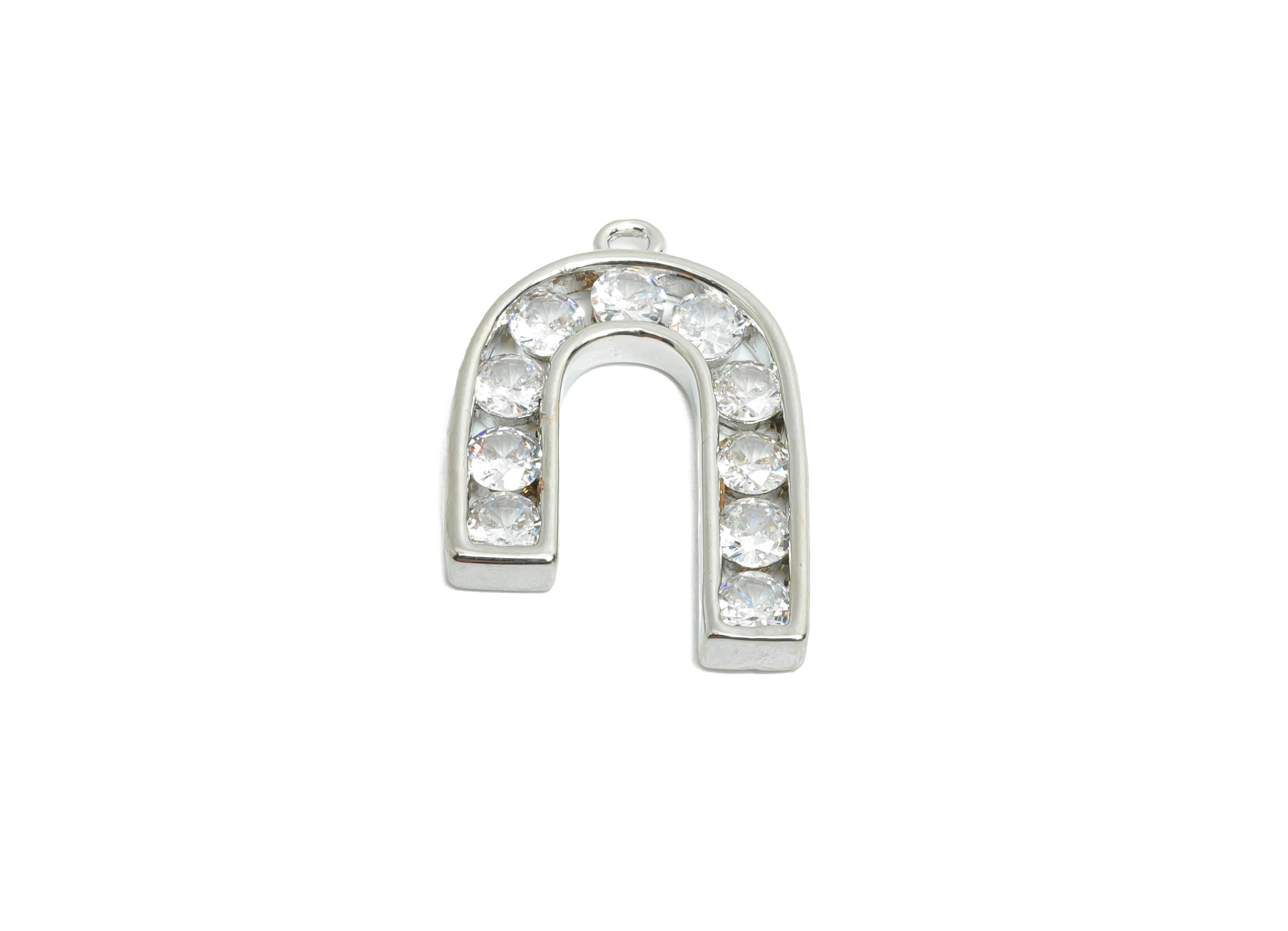 Silver Alphabet Charm - Brass Dainty Horseshoe Zircon Pendant - Sparkling Initial Jewelry - 18K Real White Gold Plated - 21x14x2mm -RGP9672S - DOMEDBAZAAR