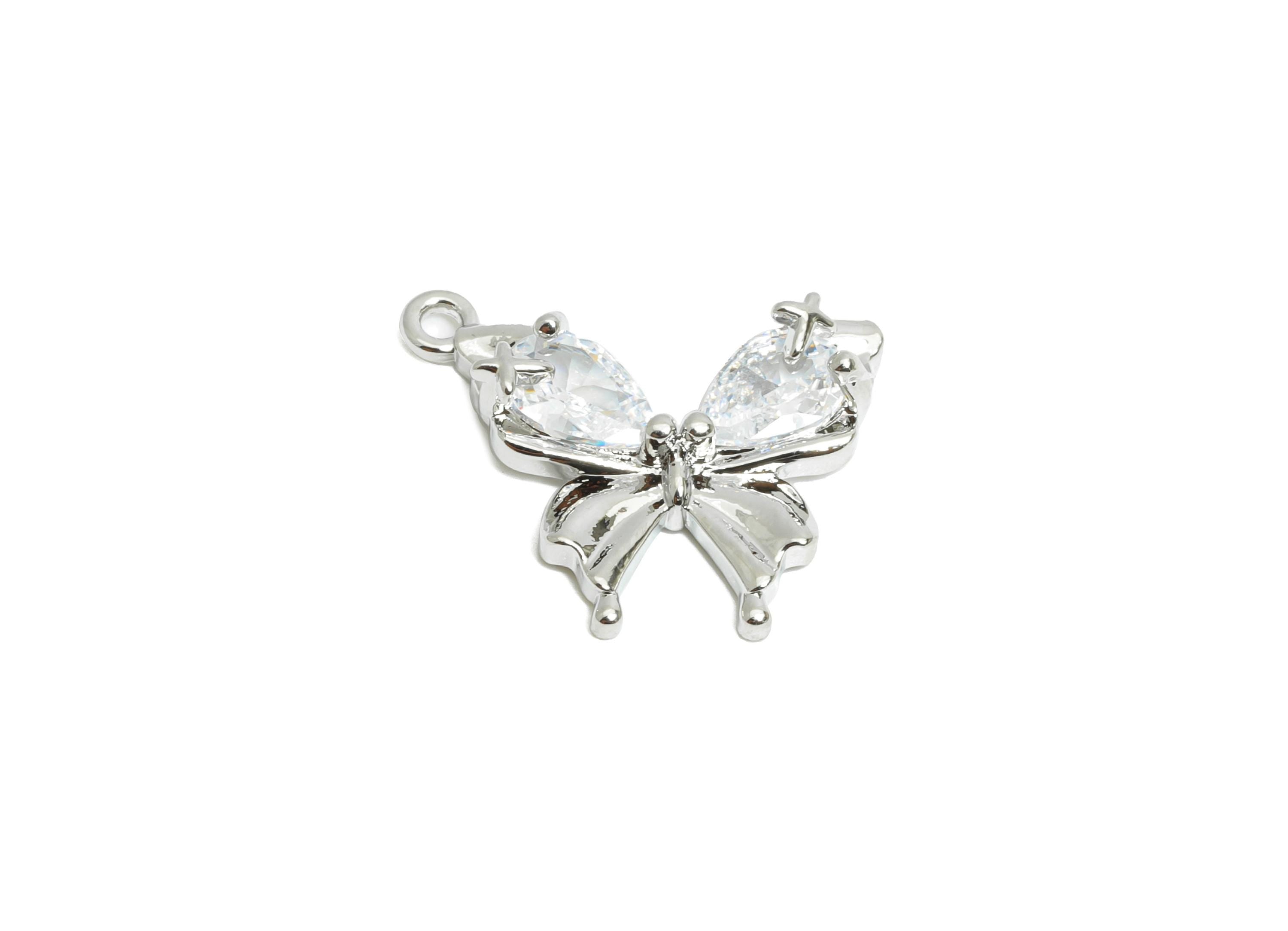 Brass Butterfly Pendant - Brass Dainty Teardrop Zircon Pendant - Modern Butterfly Charm - 18K Real White Gold Plated - 16x13x3mm - RGP9675S - DOMEDBAZAAR