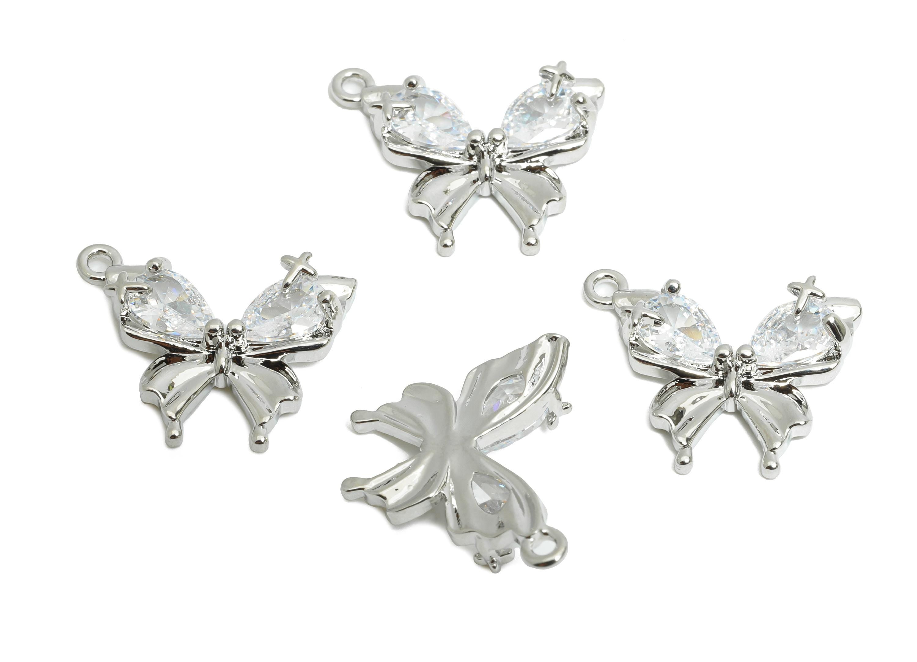 Brass Butterfly Pendant - Brass Dainty Teardrop Zircon Pendant - Modern Butterfly Charm - 18K Real White Gold Plated - 16x13x3mm - RGP9675S - DOMEDBAZAAR