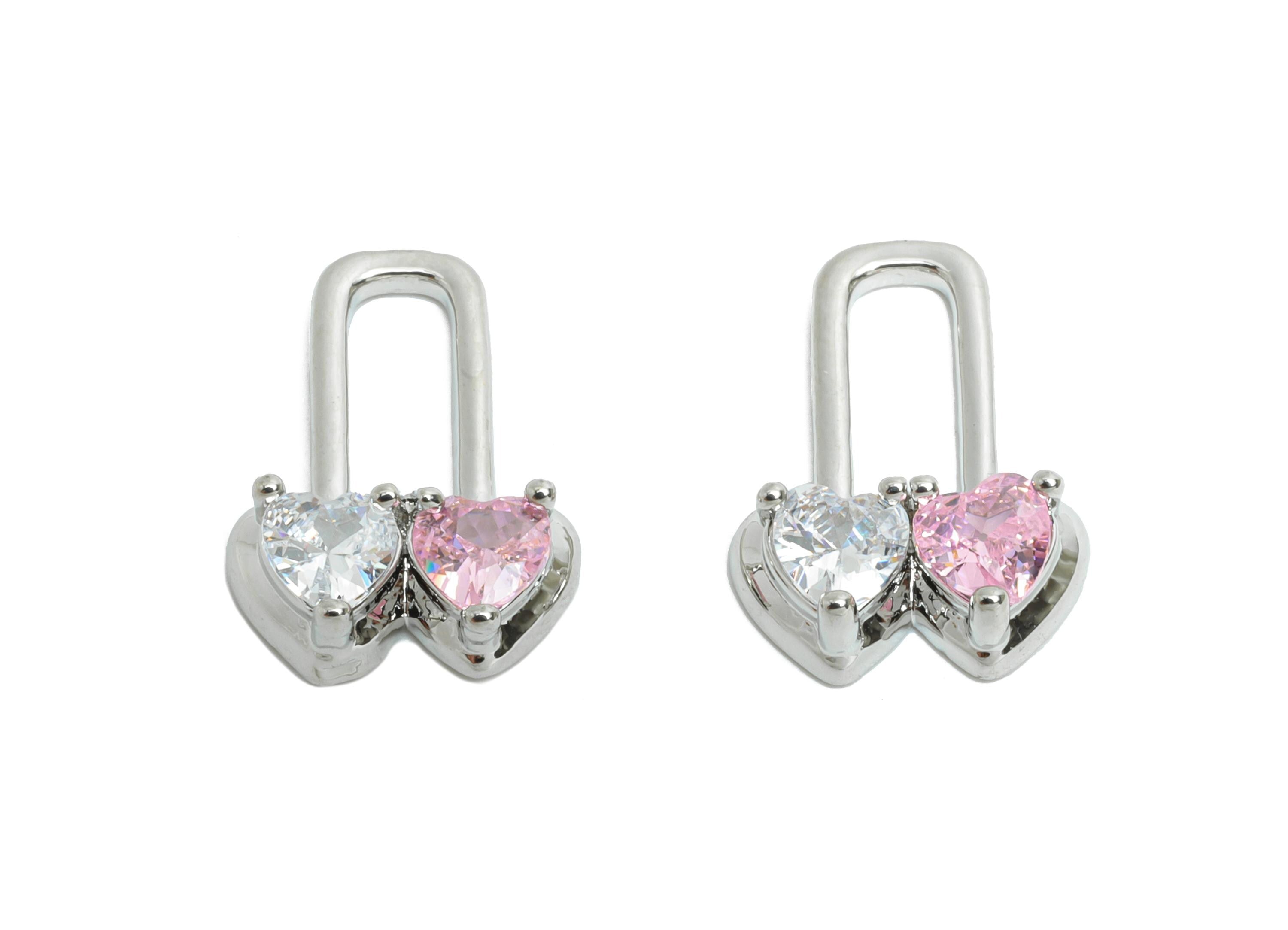 Gold Heart Lock Charm - Brass Double Heart Lock Charm - Romantic Jewelry - Love Gift Idea - 18K Real White Gold Plating - 14x10x3mm-RGP9668S - DOMEDBAZAAR