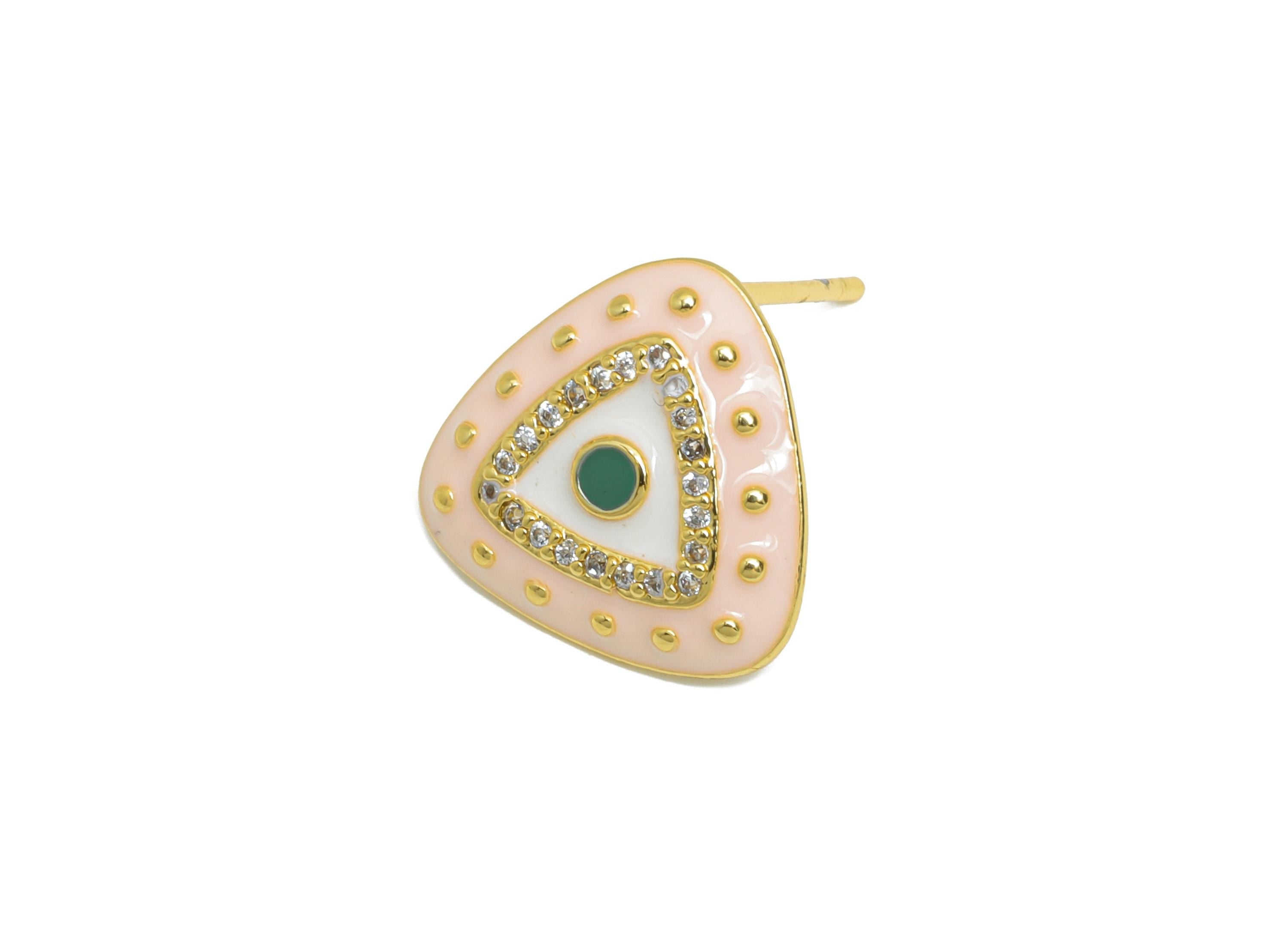 Brass CZ Triangle Post - Sparkling Eye Earring Stud- Pink Refined Enamel Earring Stud - 18K Real Gold Plating - 14.5x14.5x2.8mm - RGP9555A - DOMEDBAZAAR