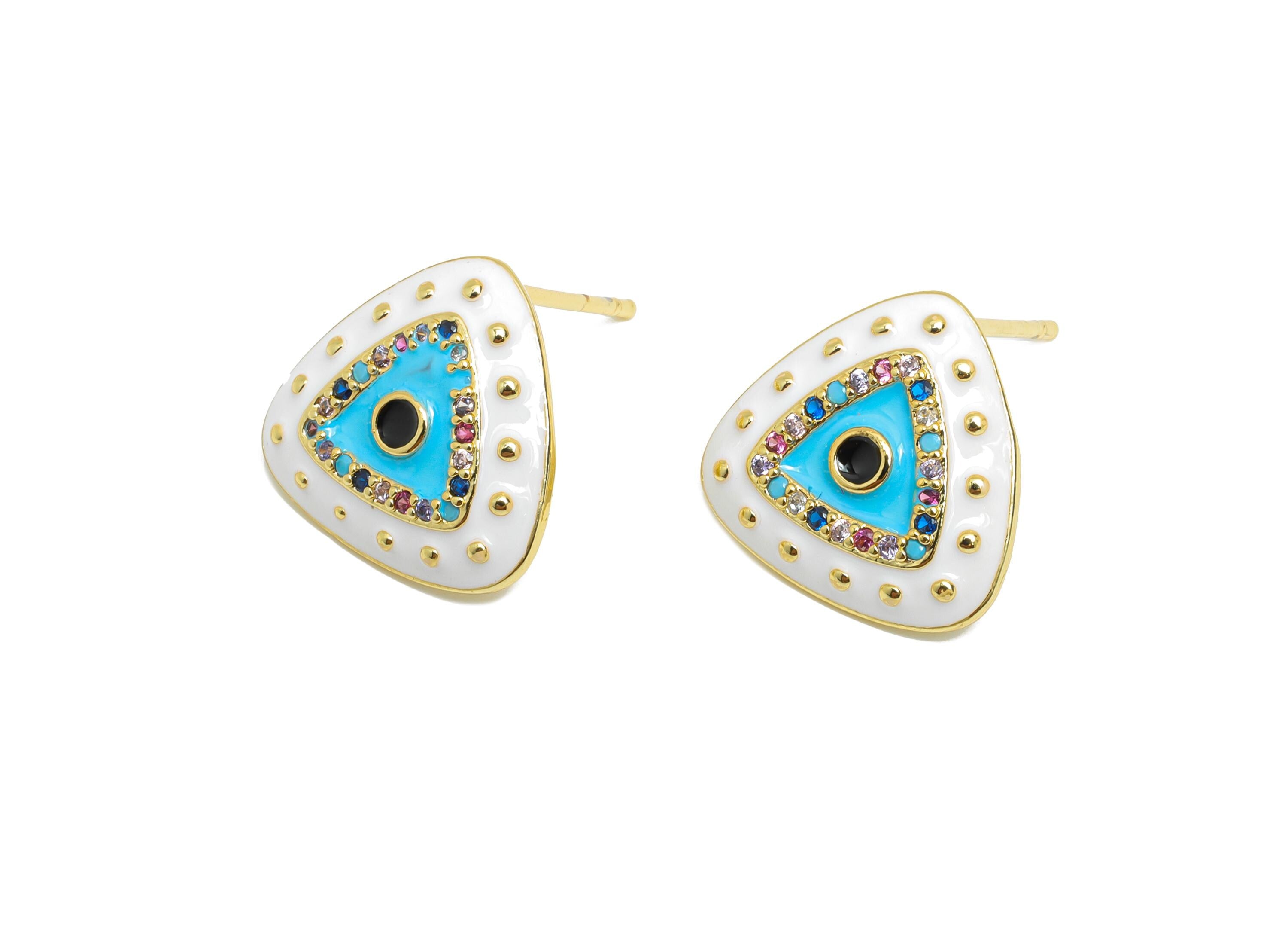 Brass CZ Triangle Post - Sparkling Eye Earring Stud- White Refined Enamel Earrings - 18K Real Gold Plated Brass -14.5x14.5x2.8mm -RGP9555B - DOMEDBAZAAR