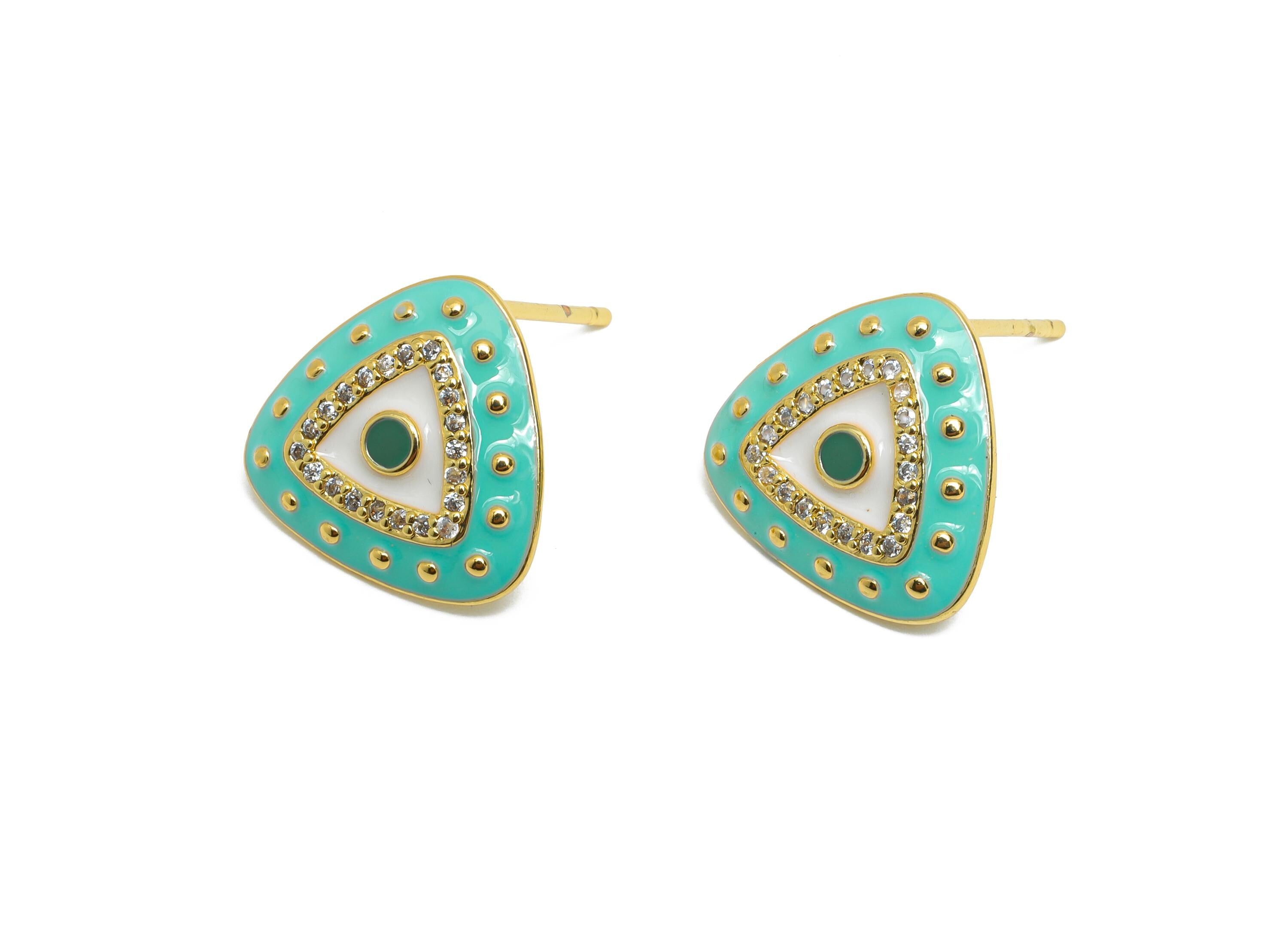 Brass CZ Triangle Stud - Sparkling Eye Earring Stud- Refined Enamel Earrings Post - 18K Real Gold Plated Brass -14.5x14.5x2.8mm - RGP9555C - DOMEDBAZAAR