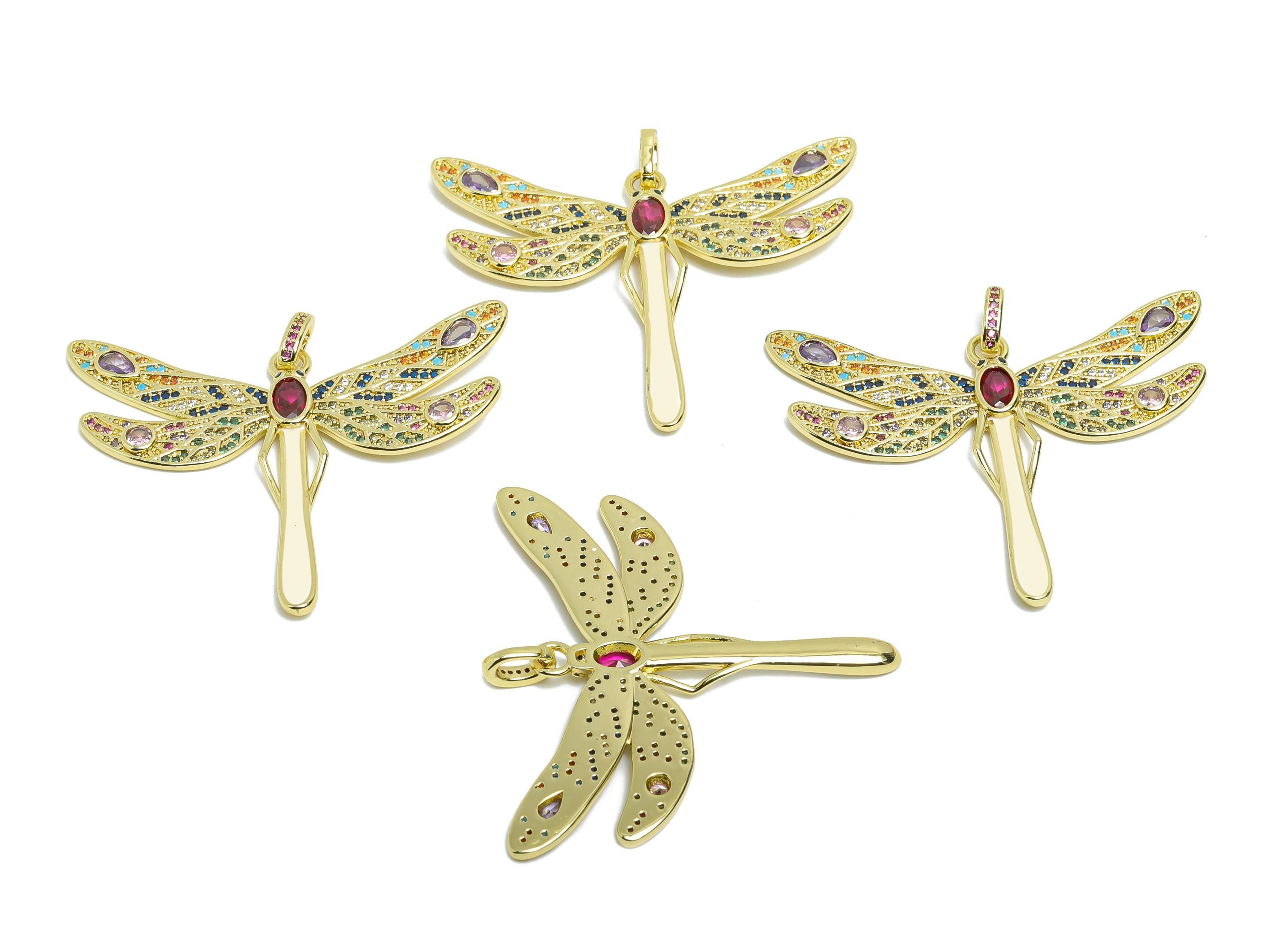 Gold Dragonfly Pendant - Brass Cubic Zircon Earring Charm - Artistic Enamel Colorful Jewelry  - 18K Real Gold Plating - 42x49x2mm - RGP9691 - DOMEDBAZAAR