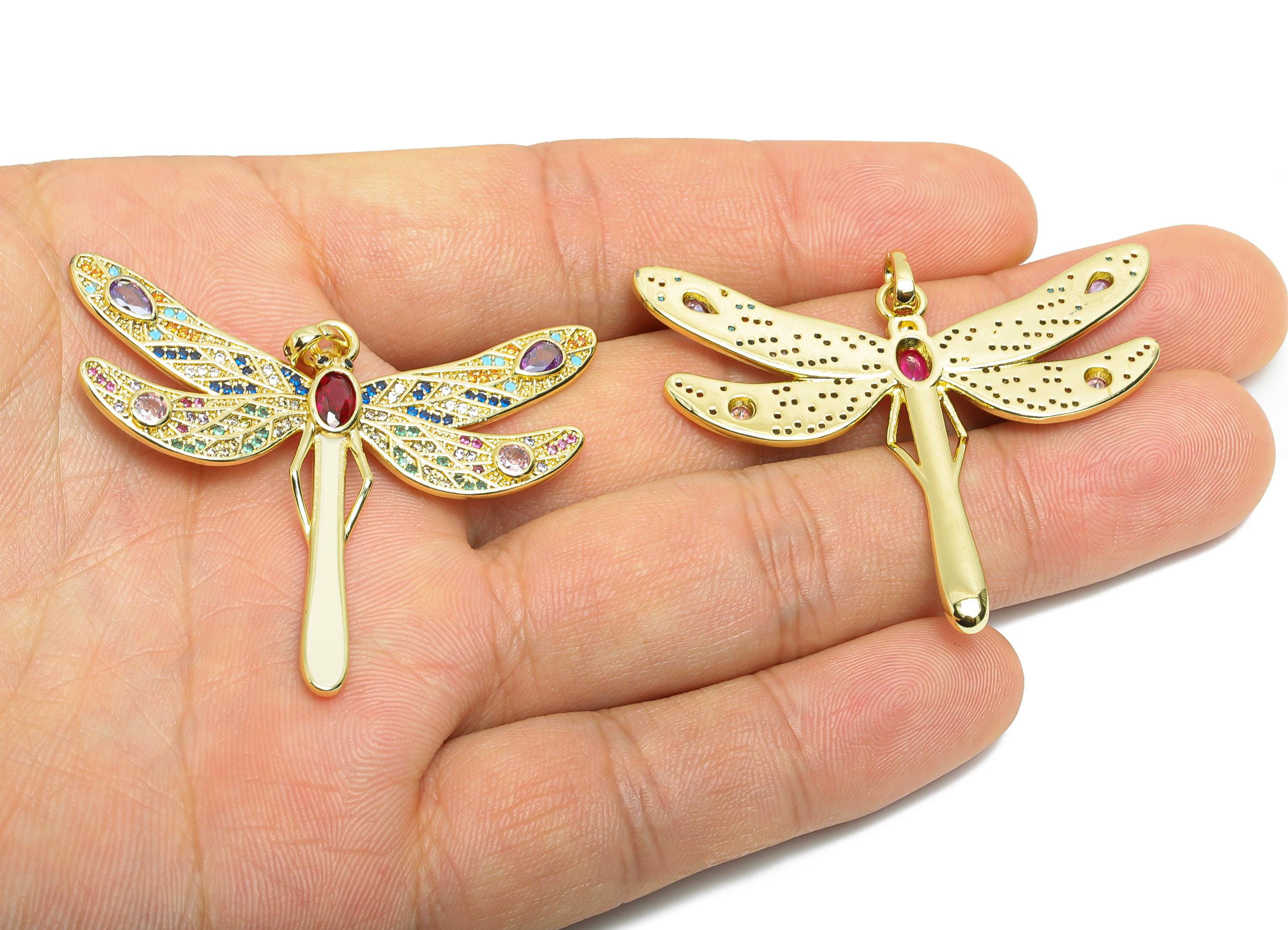 Gold Dragonfly Pendant - Brass Cubic Zircon Earring Charm - Artistic Enamel Colorful Jewelry  - 18K Real Gold Plating - 42x49x2mm - RGP9691 - DOMEDBAZAAR