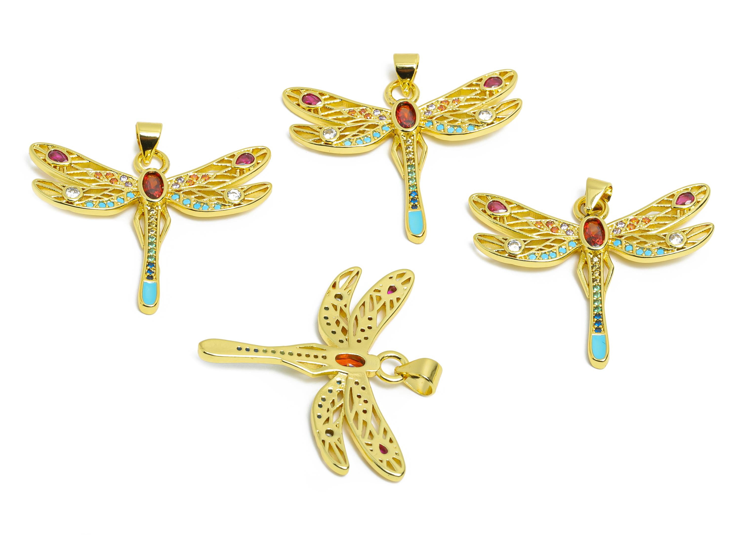 Gold Dragonfly Pendant - Brass Cubic Zircon Chic Jewelry - Artistic Enamel Colorful Jewelry  - 18K Real Gold Plating - 28x33x2mm - RGP9689 - DOMEDBAZAAR