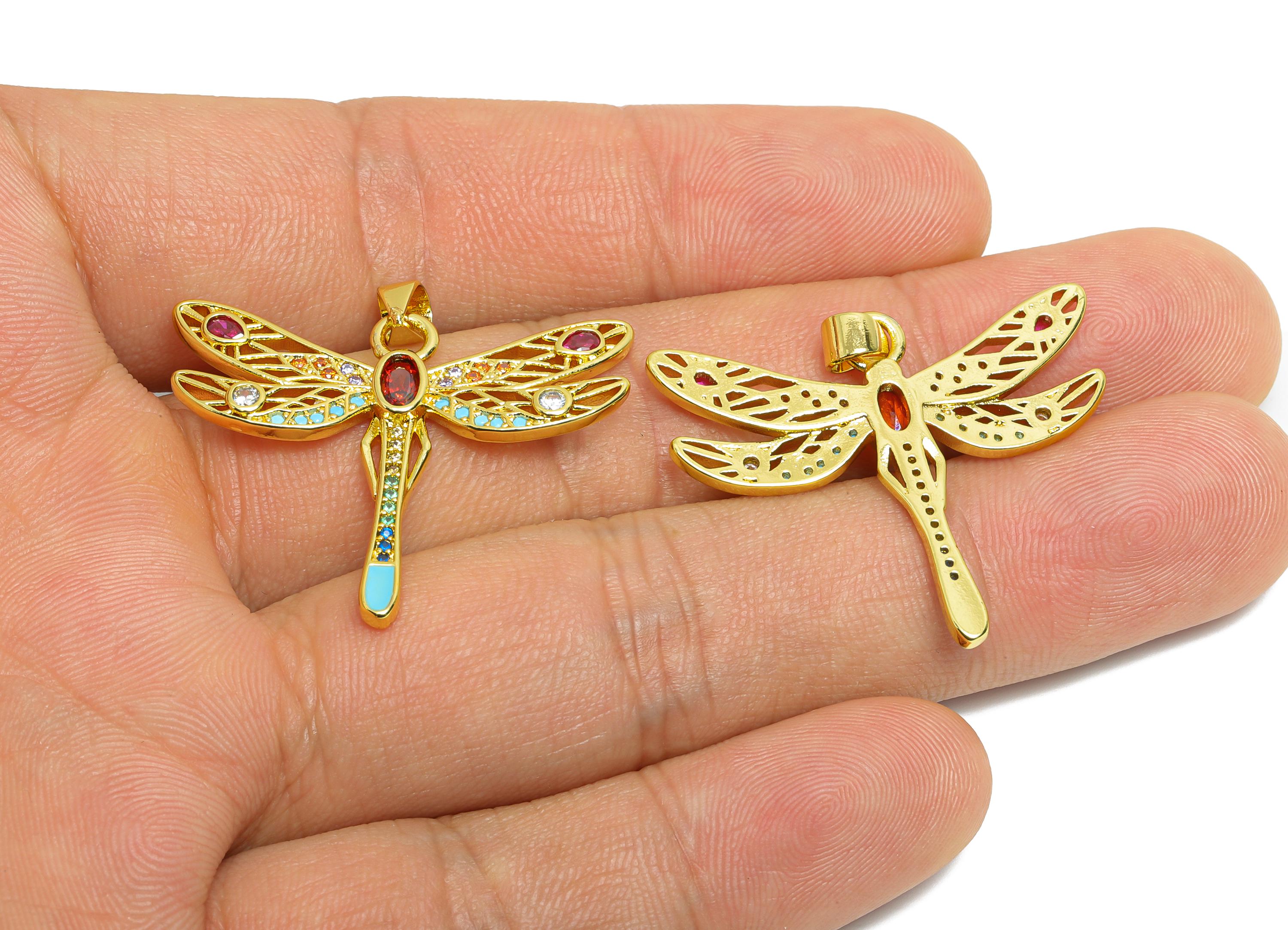 Gold Dragonfly Pendant - Brass Cubic Zircon Chic Jewelry - Artistic Enamel Colorful Jewelry  - 18K Real Gold Plating - 28x33x2mm - RGP9689 - DOMEDBAZAAR