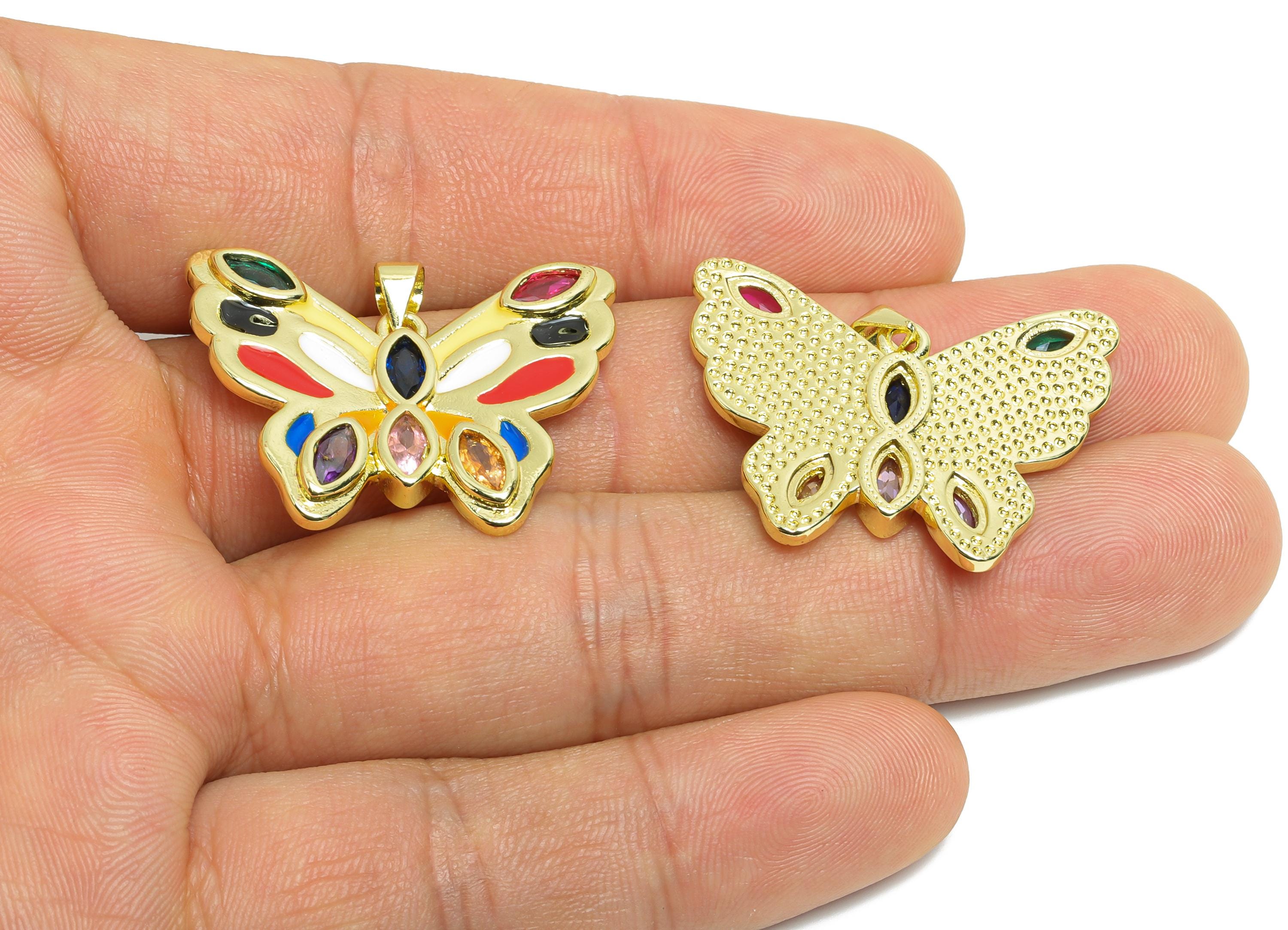Gold Enamel Butterfly Pendant - Brass Zircon Marquise Jewelry - Artistic Enamel Colorful Jewelry  - 18K Real Gold Plated - 24x32x3mm-RGP9693 - DOMEDBAZAAR