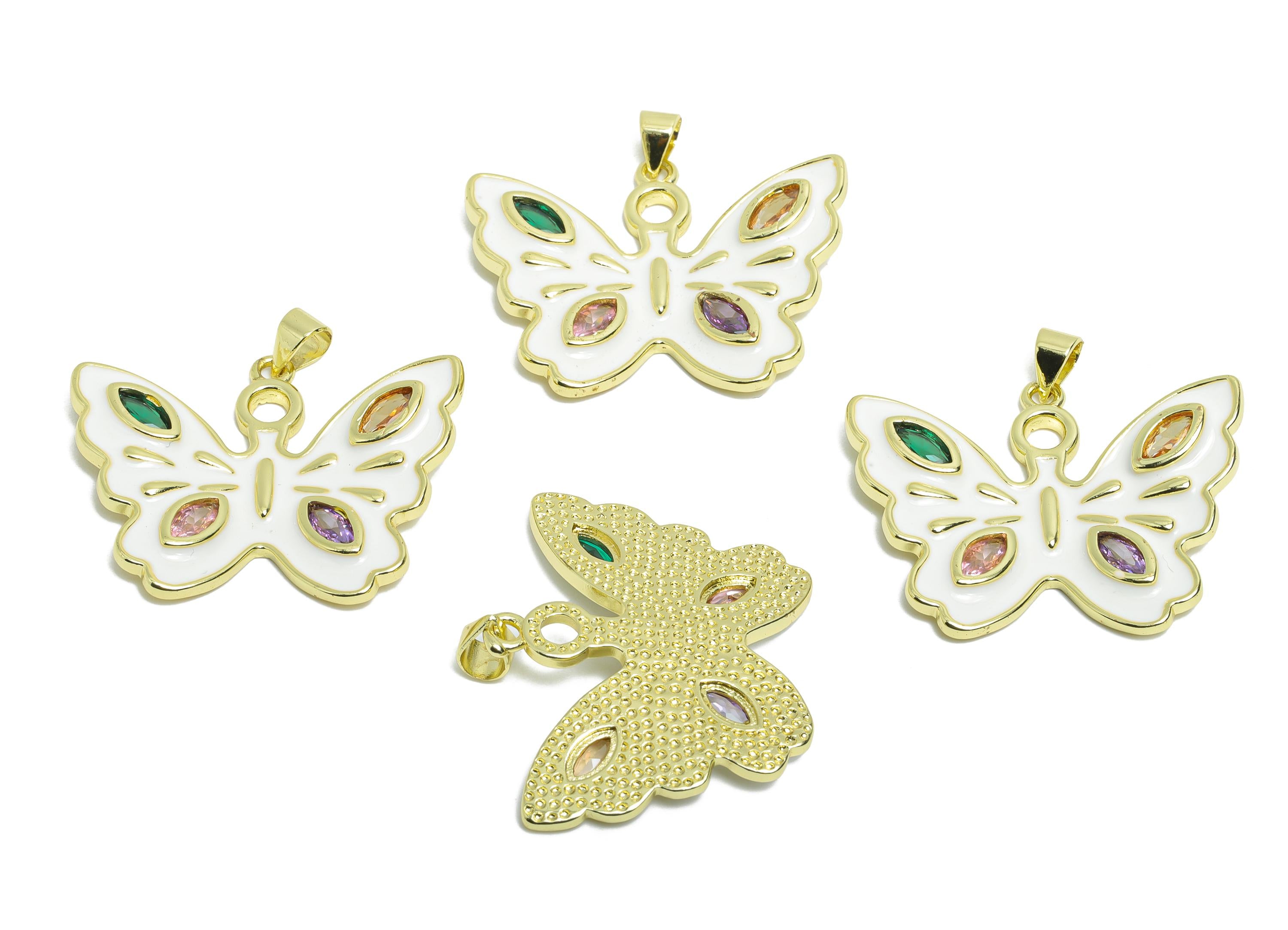 Gold Enamel Butterfly Pendant - Brass Zircon Marquise Jewelry - Artistic Enamel Colorful Jewelry  - 18K Real Gold Plated - 27x33x5mm-RGP9694 - DOMEDBAZAAR