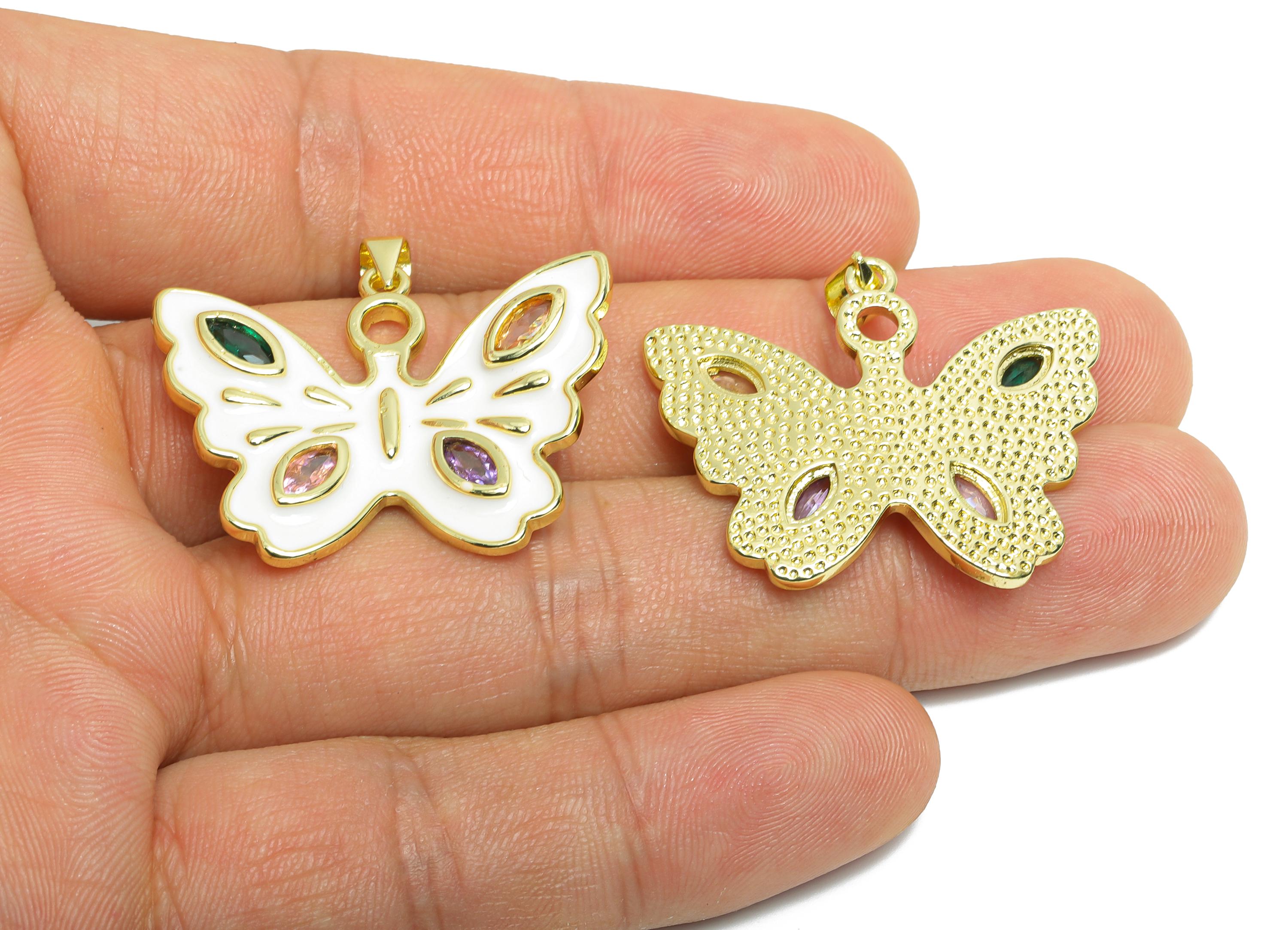 Gold Enamel Butterfly Pendant - Brass Zircon Marquise Jewelry - Artistic Enamel Colorful Jewelry  - 18K Real Gold Plated - 27x33x5mm-RGP9694 - DOMEDBAZAAR