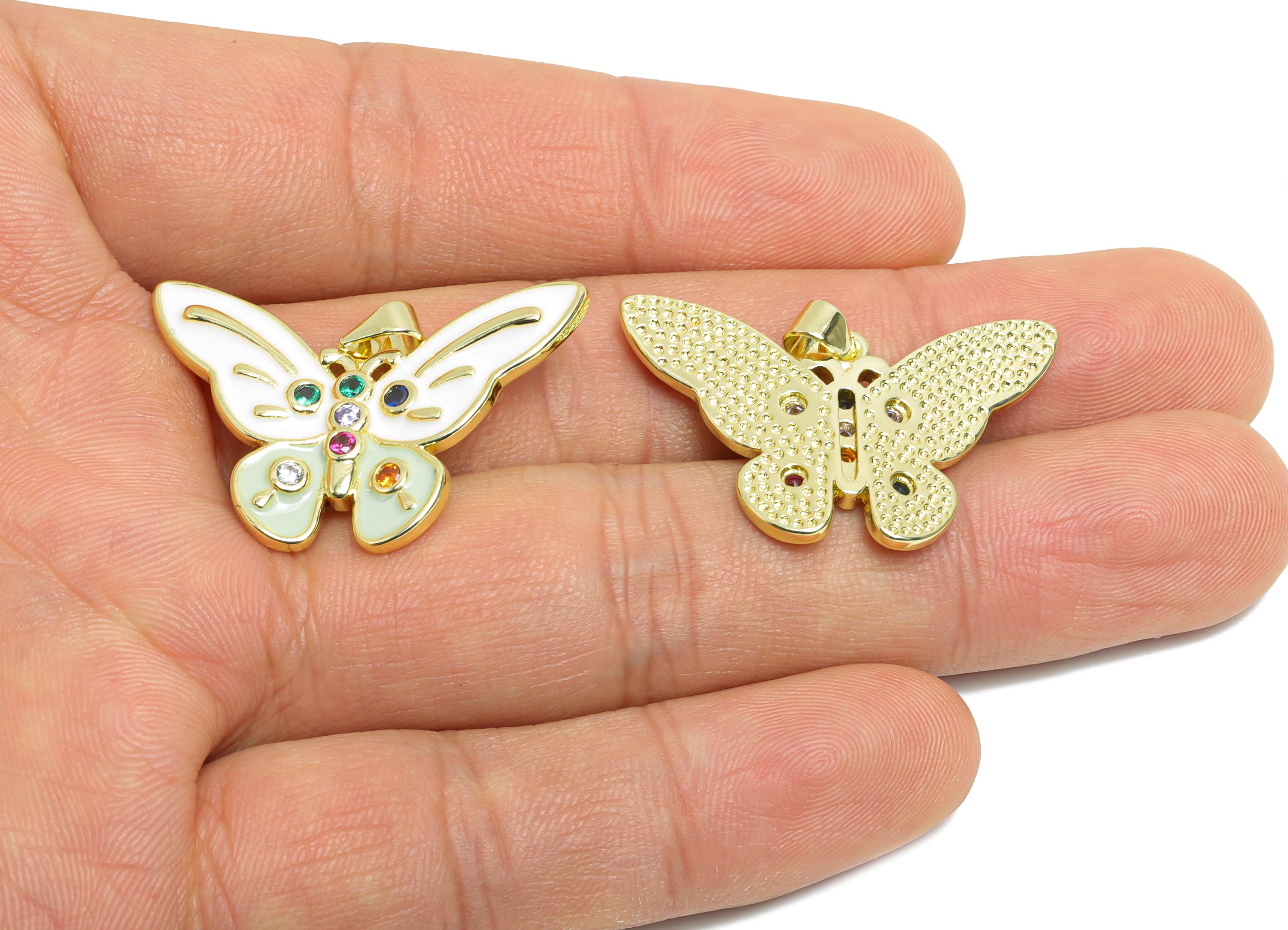 Gold Enamel Butterfly Pendant - Brass Luxury Zircon Whimsical Jewelry - Artistic Colorful Jewelry  - 18K Real Gold Plated -22x32x3mm-RGP9692 - DOMEDBAZAAR