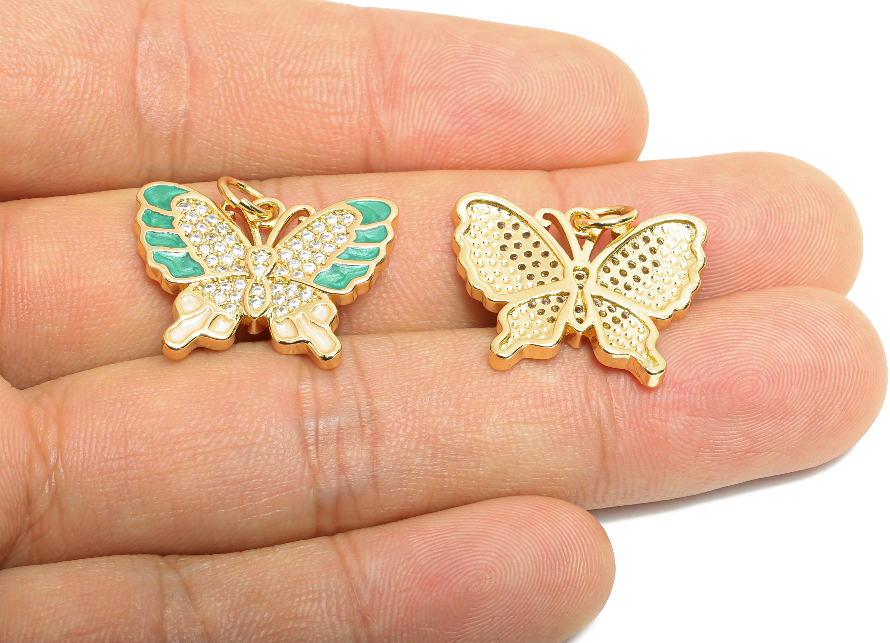Gold Enamel Butterfly Pendant - Brass Zircon Marquise Jewelry - Handcrafted Butterfly Jewelry - 18K Real Gold Plated - 18x23x2mm - RGP9696 - DOMEDBAZAAR