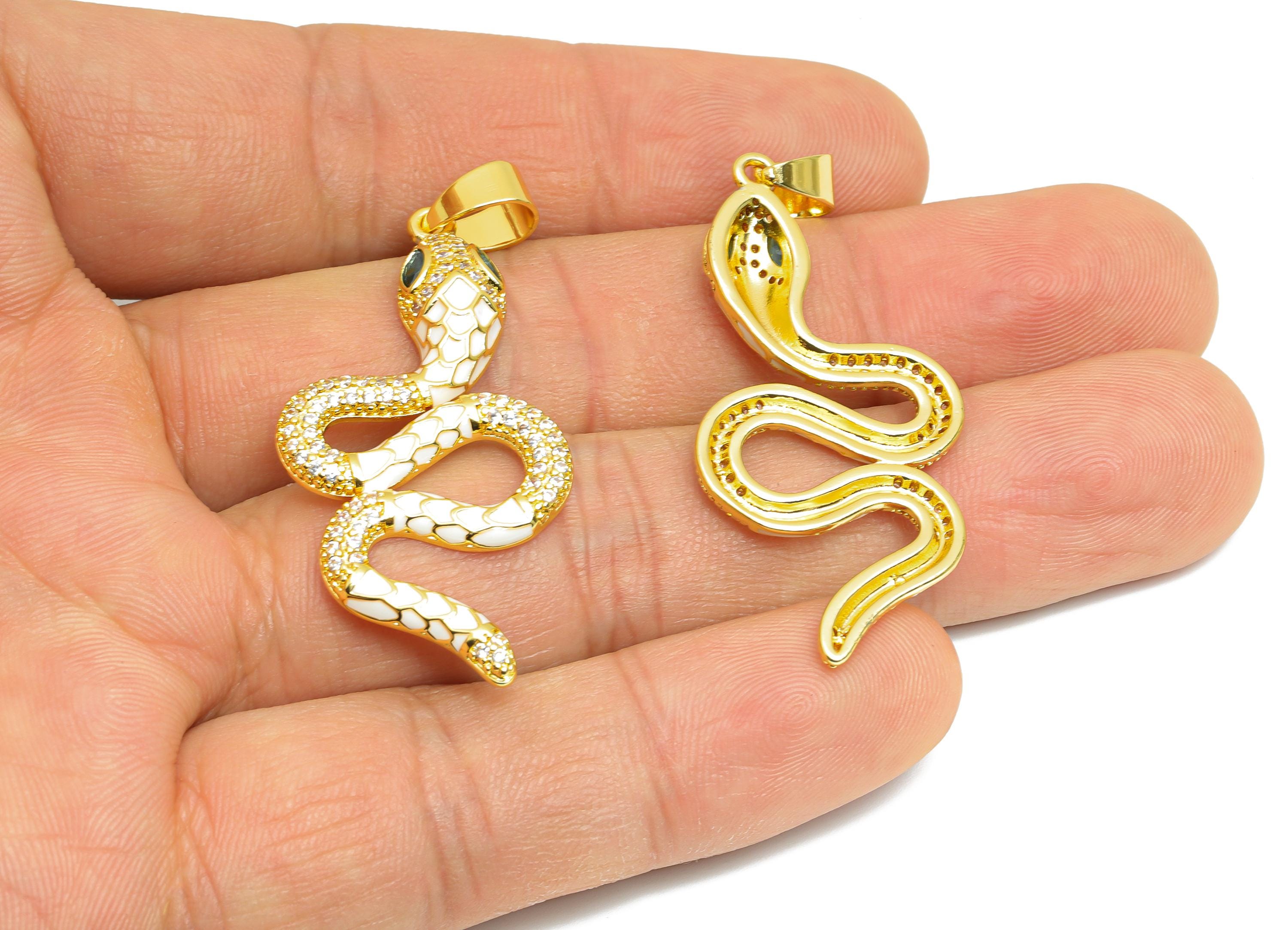 White Enamel Snake Pendant - Brass Zircon Protection Jewelry - Handcrafted Marquise Jewelry - 18K Real Gold Plated - 43x20x3mm - RGP9707 - DOMEDBAZAAR
