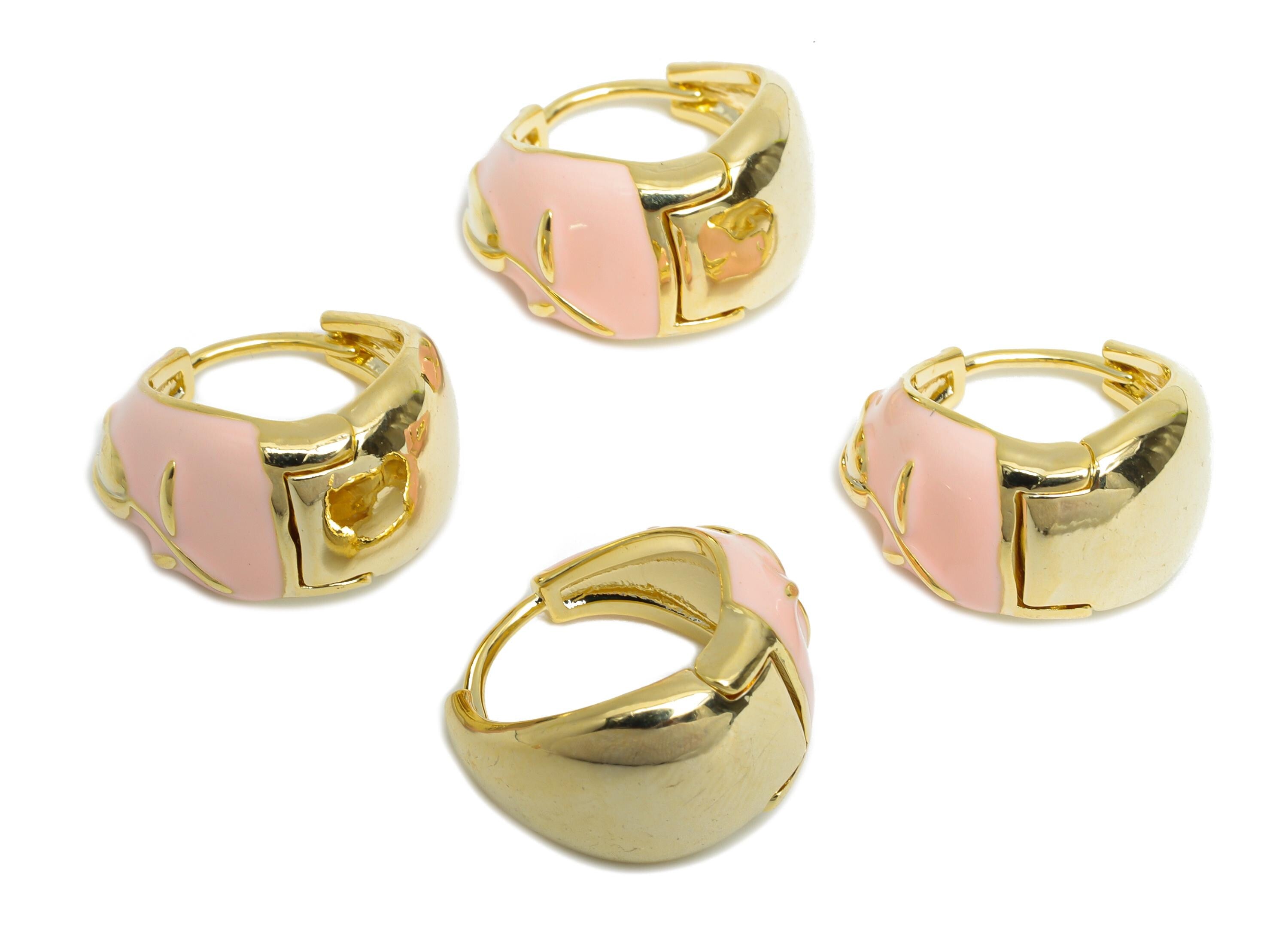 Brass Round Hoop Earring - Flower Enamel Huggie Earring for Girl&#39;s - Refined Gold Thick Earring - 18K Gold Plated - 16.61x9.14x3mm -RGP9607B - DOMEDBAZAAR