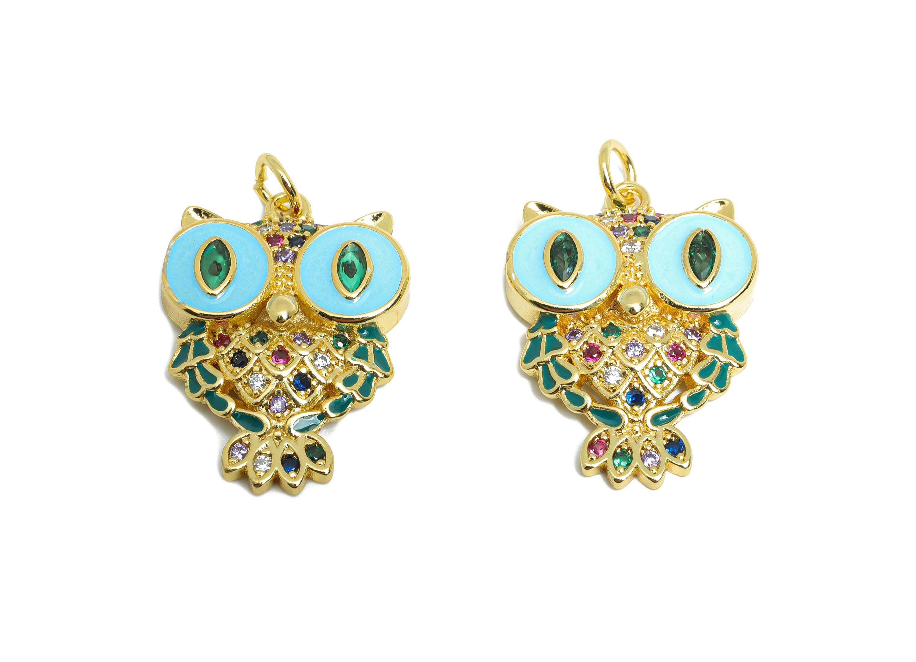 Colorful Owl Pendant - Brass Zircon Geometry Owl Jewelry - Symbol of Wisdom Jewelry - Owl Necklace - 18K Real Gold Plated -24x17x3mm-RGP9702 - DOMEDBAZAAR