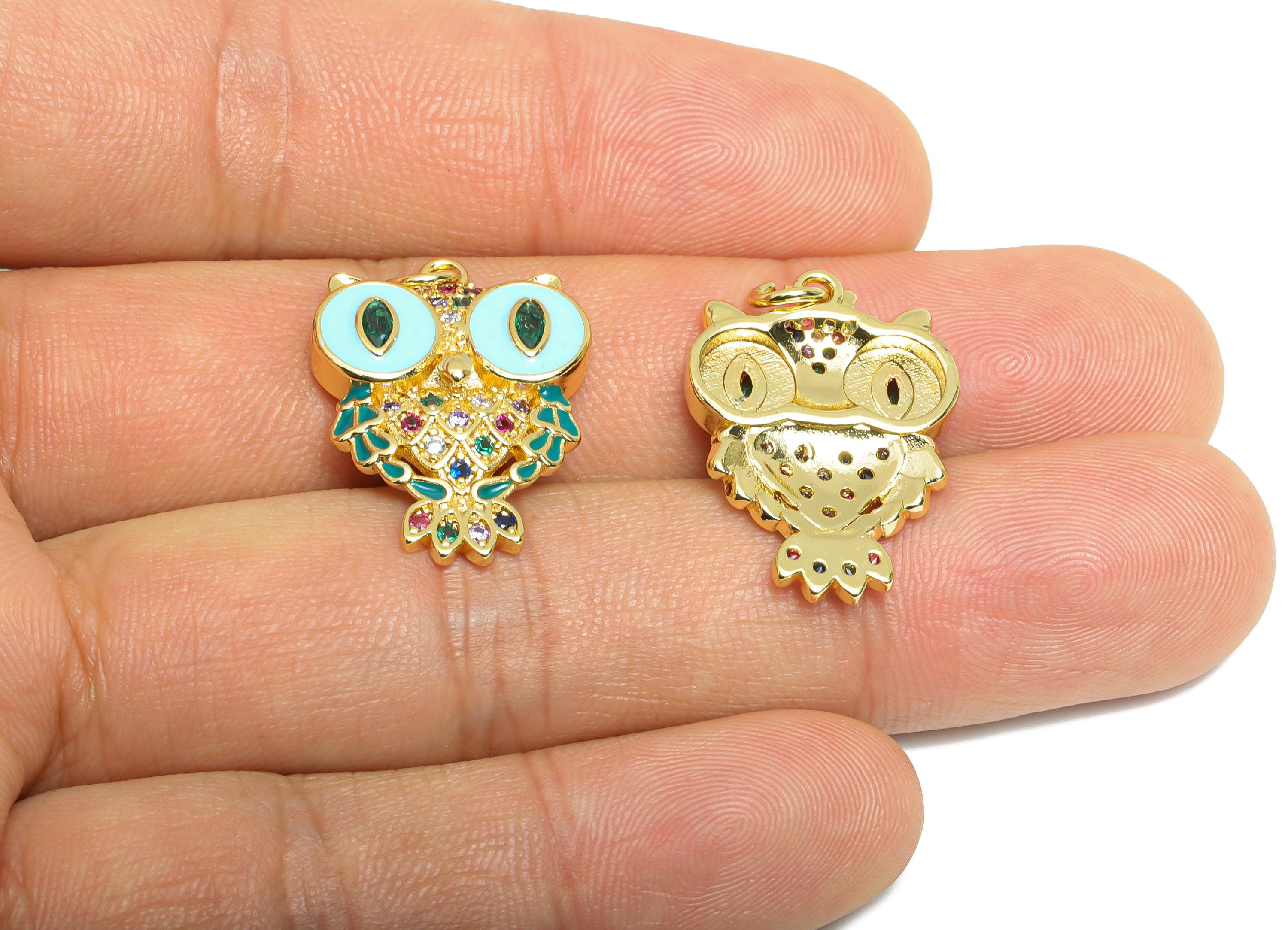 Colorful Owl Pendant - Brass Zircon Geometry Owl Jewelry - Symbol of Wisdom Jewelry - Owl Necklace - 18K Real Gold Plated -24x17x3mm-RGP9702 - DOMEDBAZAAR