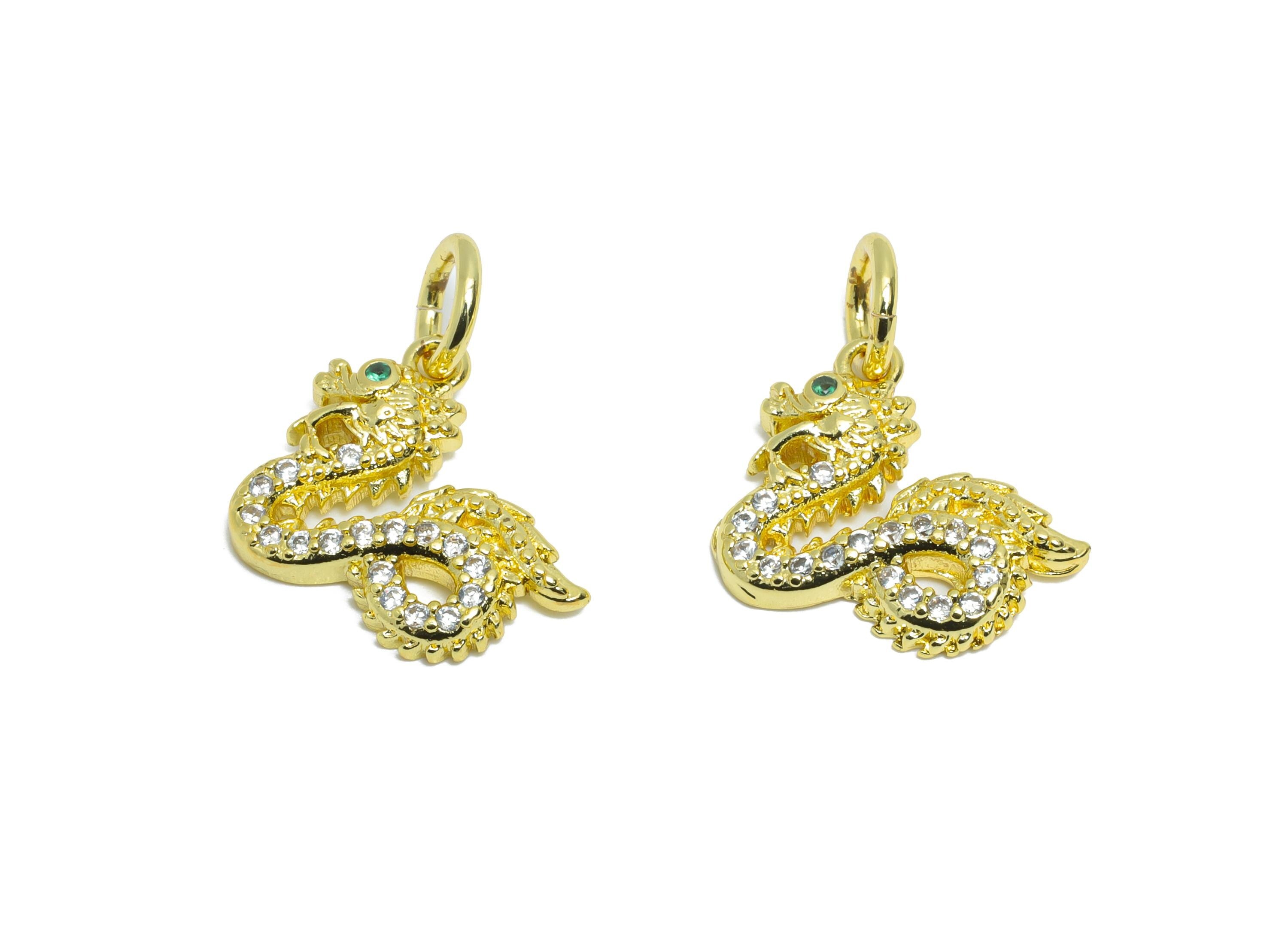 Brass Dragon Pendant - Brass Cubic Zircon Jewelry - Mini Dragon Pendant - Modern Sparking Charm - 18K Real Gold Plated - 13x14x2mm-RGP9704 - DOMEDBAZAAR