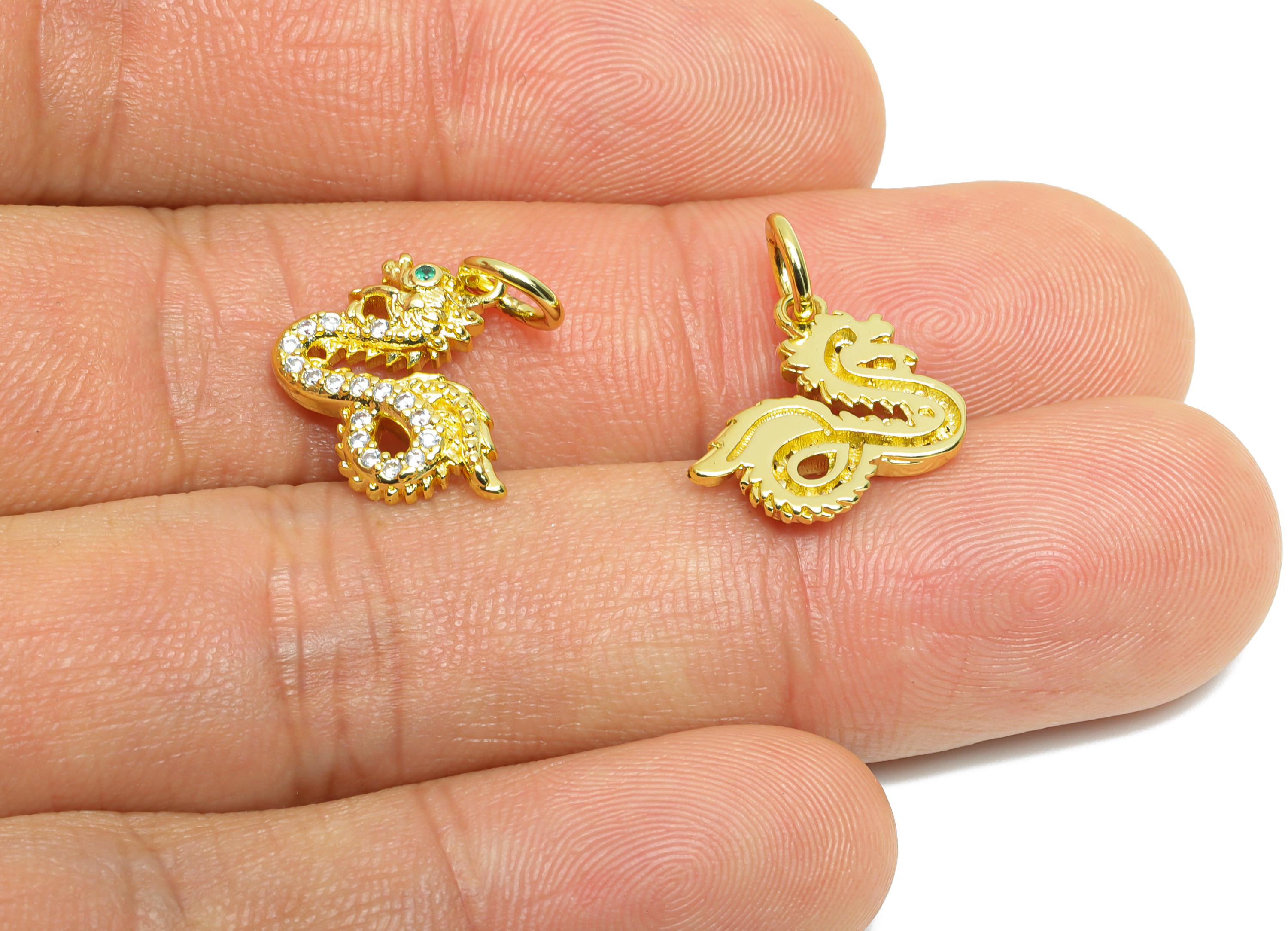 Brass Dragon Pendant - Brass Cubic Zircon Jewelry - Mini Dragon Pendant - Modern Sparking Charm - 18K Real Gold Plated - 13x14x2mm-RGP9704 - DOMEDBAZAAR