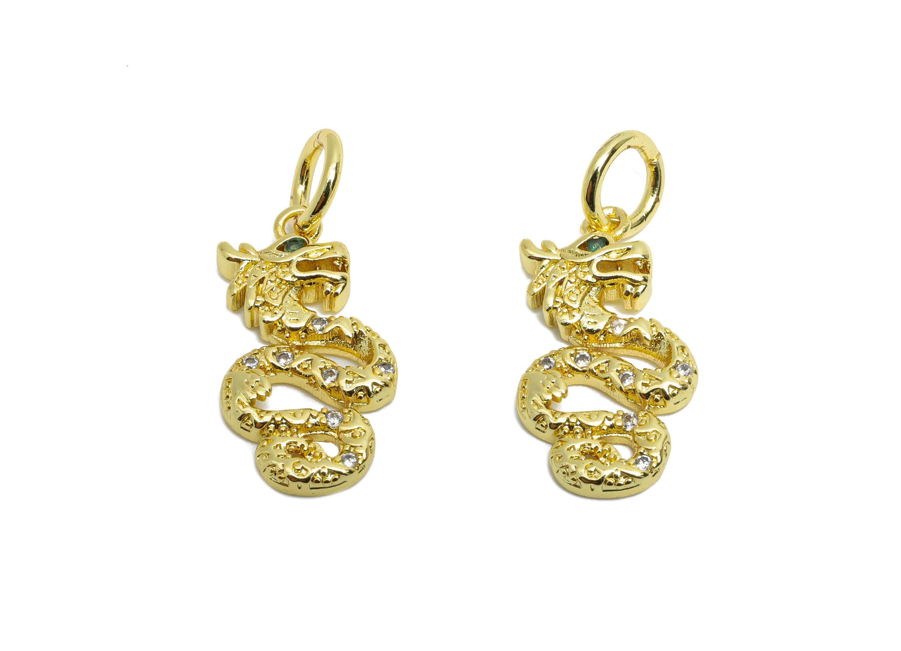 Brass Dragon Pendant - Brass Cubic Zircon Jewelry - Twisted Dragon Pendant - Sparking Charm - 18K Real Gold Plated - 17x9x2.31mm - RGP9703 - DOMEDBAZAAR